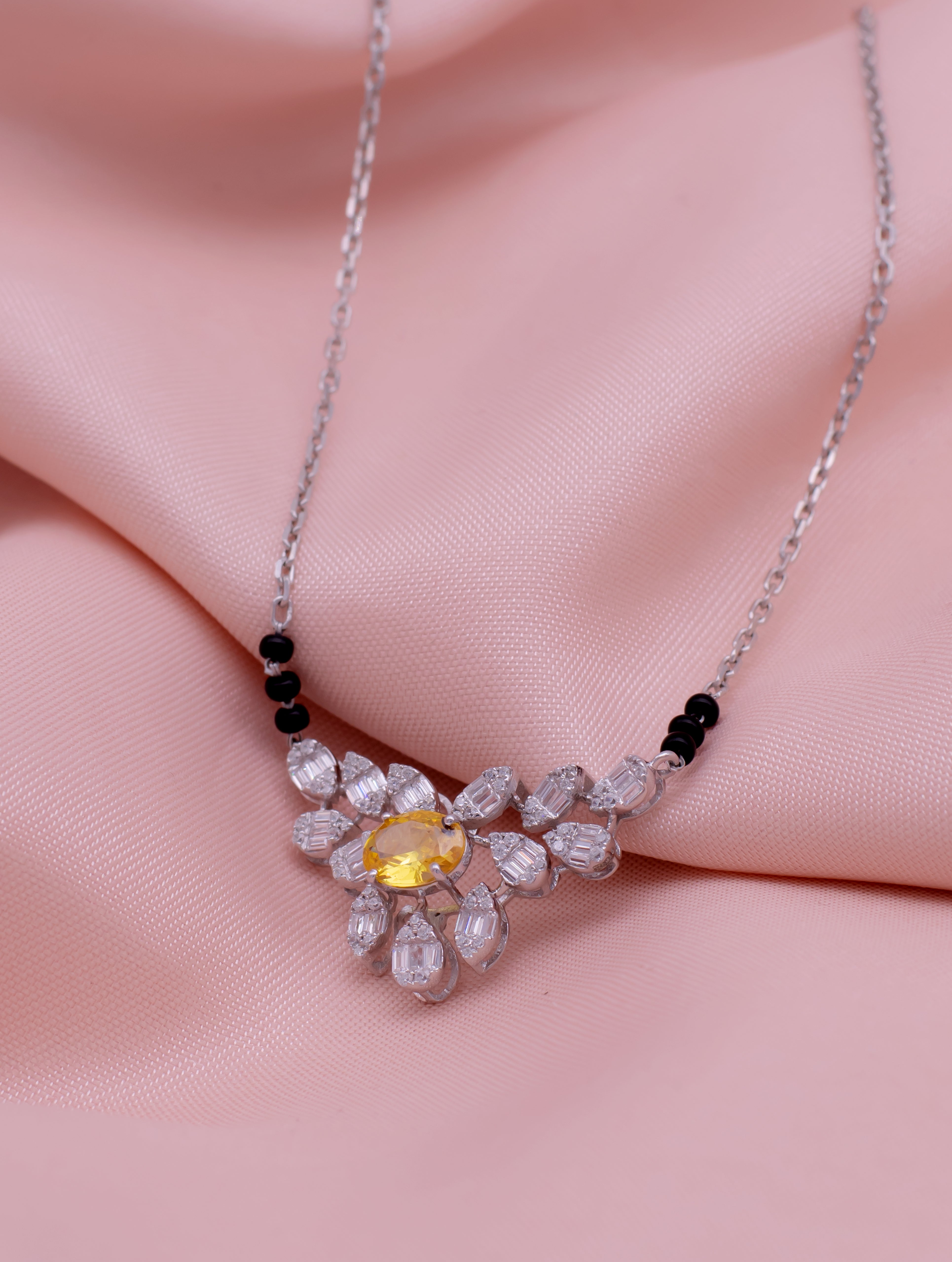 Yellow Stone & Black Beads Silver-Tone Mangalsutra Necklace