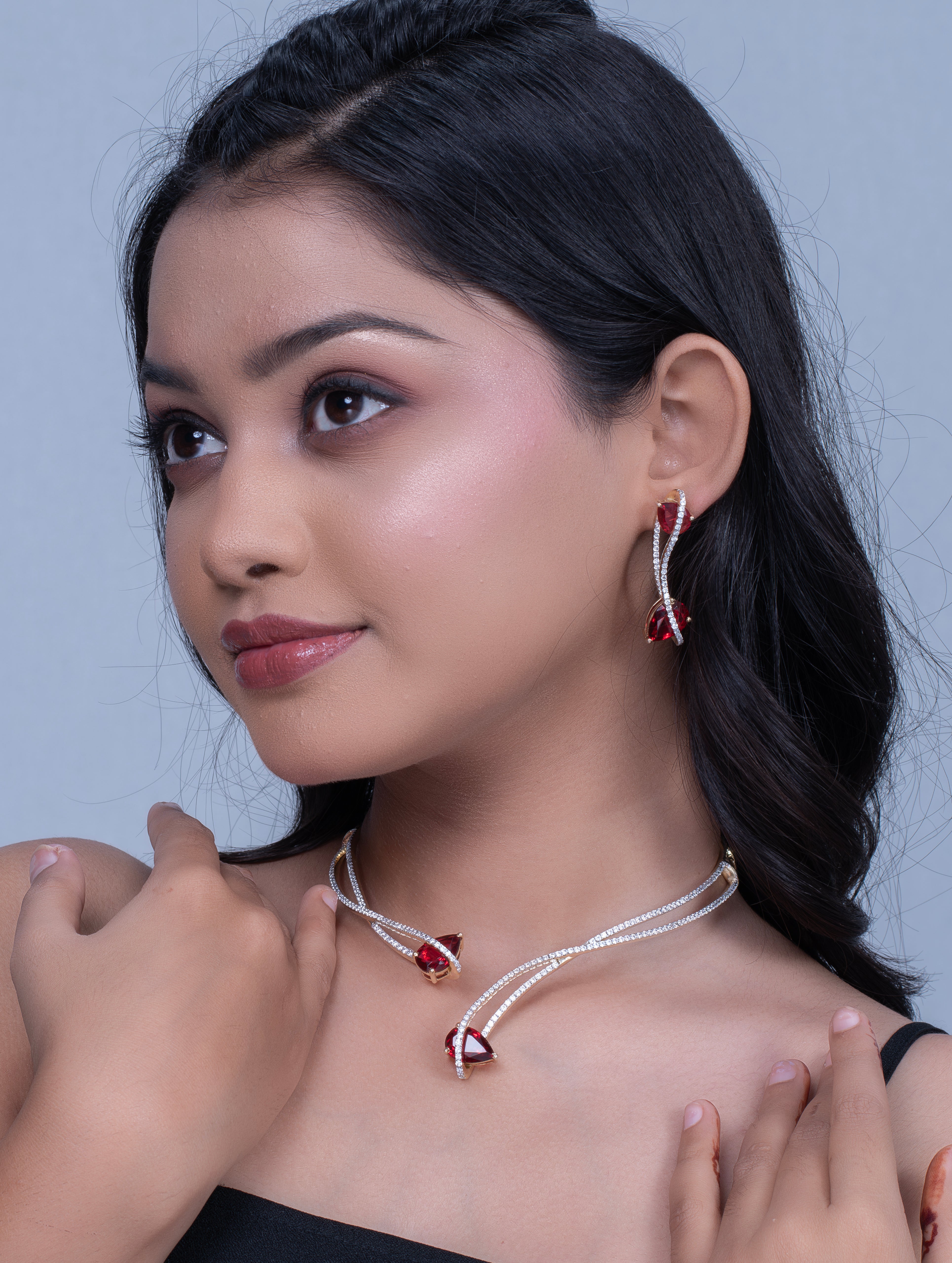 Gold-Tone Pear-Shaped Red Stone Necklace & Earrings Set with White Swarovski Zircon