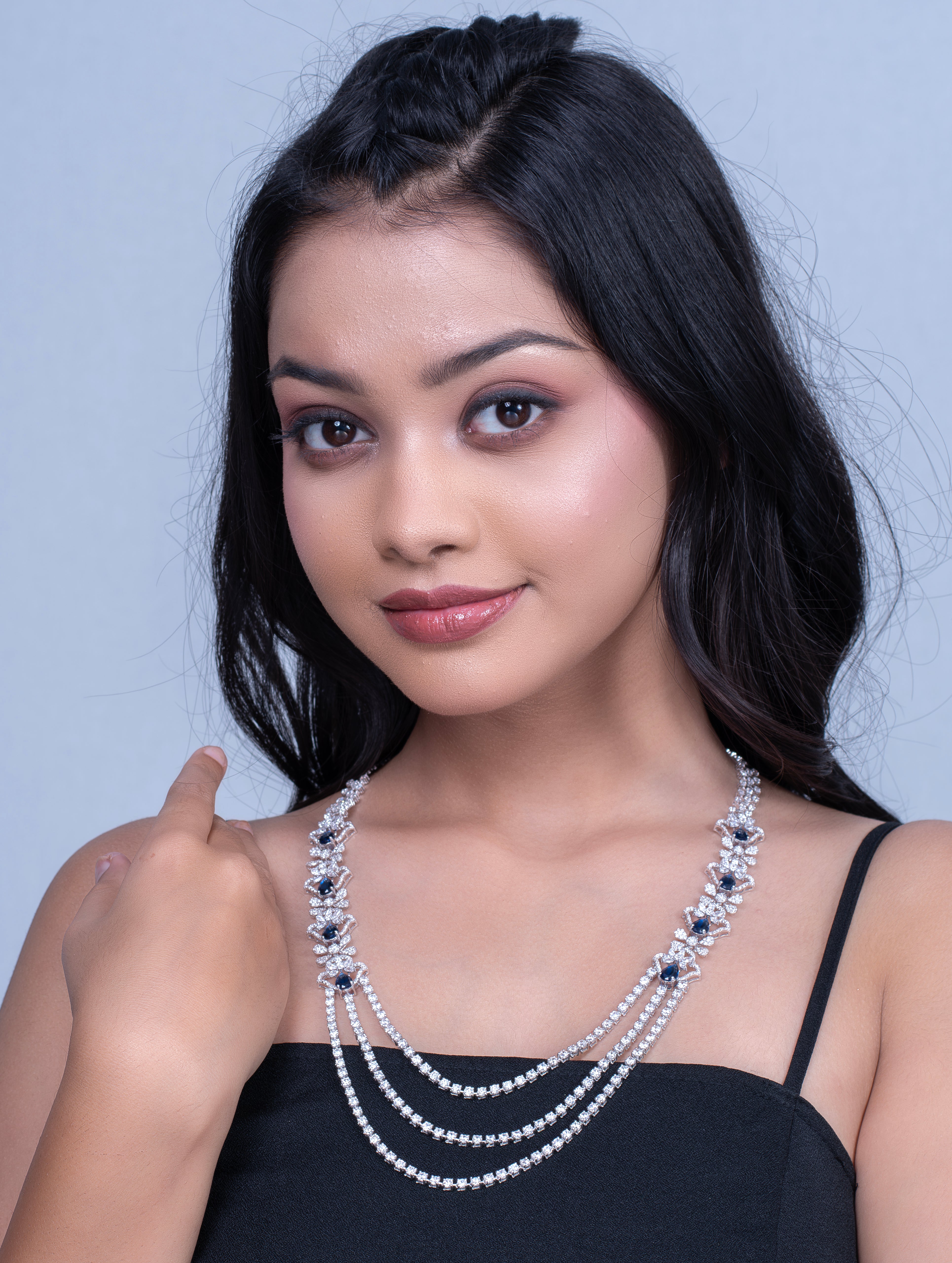 Silver-Tone Statement Necklace with Blue & White Swarovski Zircon