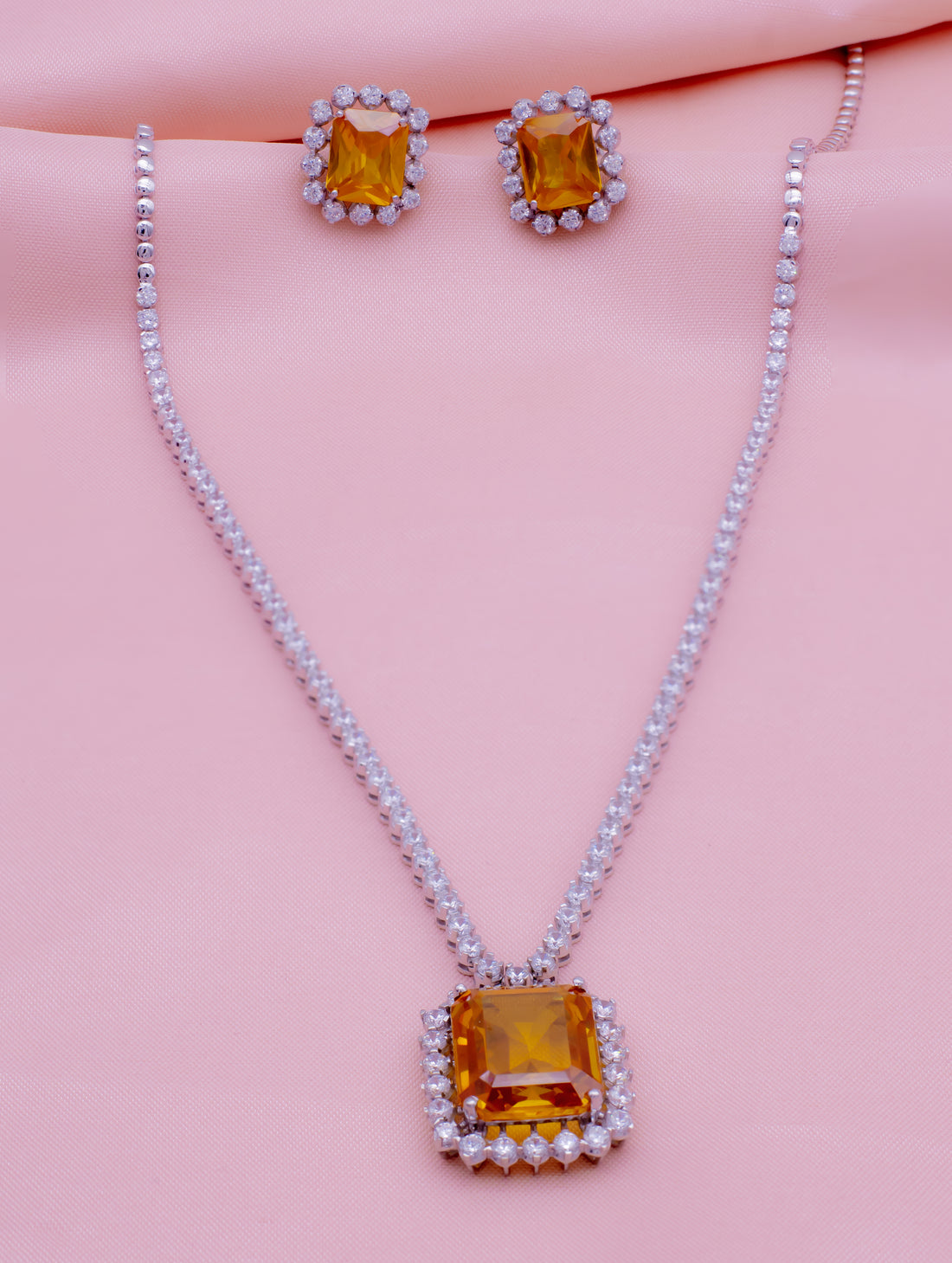 Emerald-Cut Yellow Stone Silver Necklace & Earrings Set