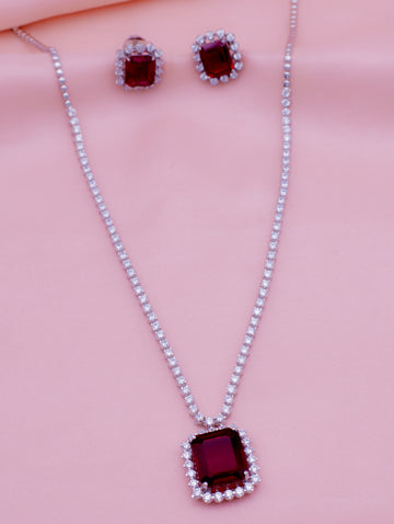 Emerald-Cut Red Stone Silver Necklace & Earrings Set