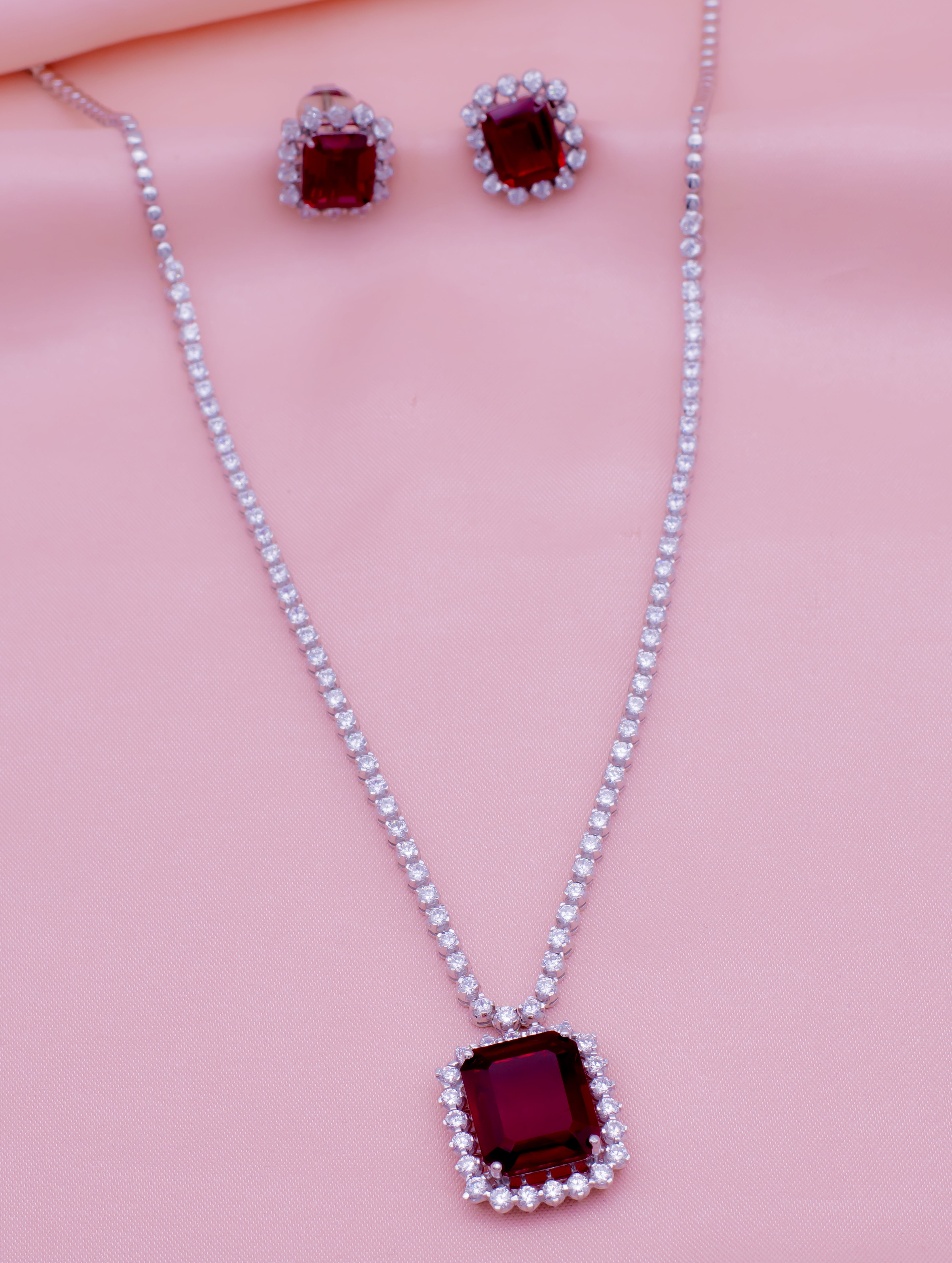 Emerald-Cut Red Stone Silver Necklace & Earrings Set