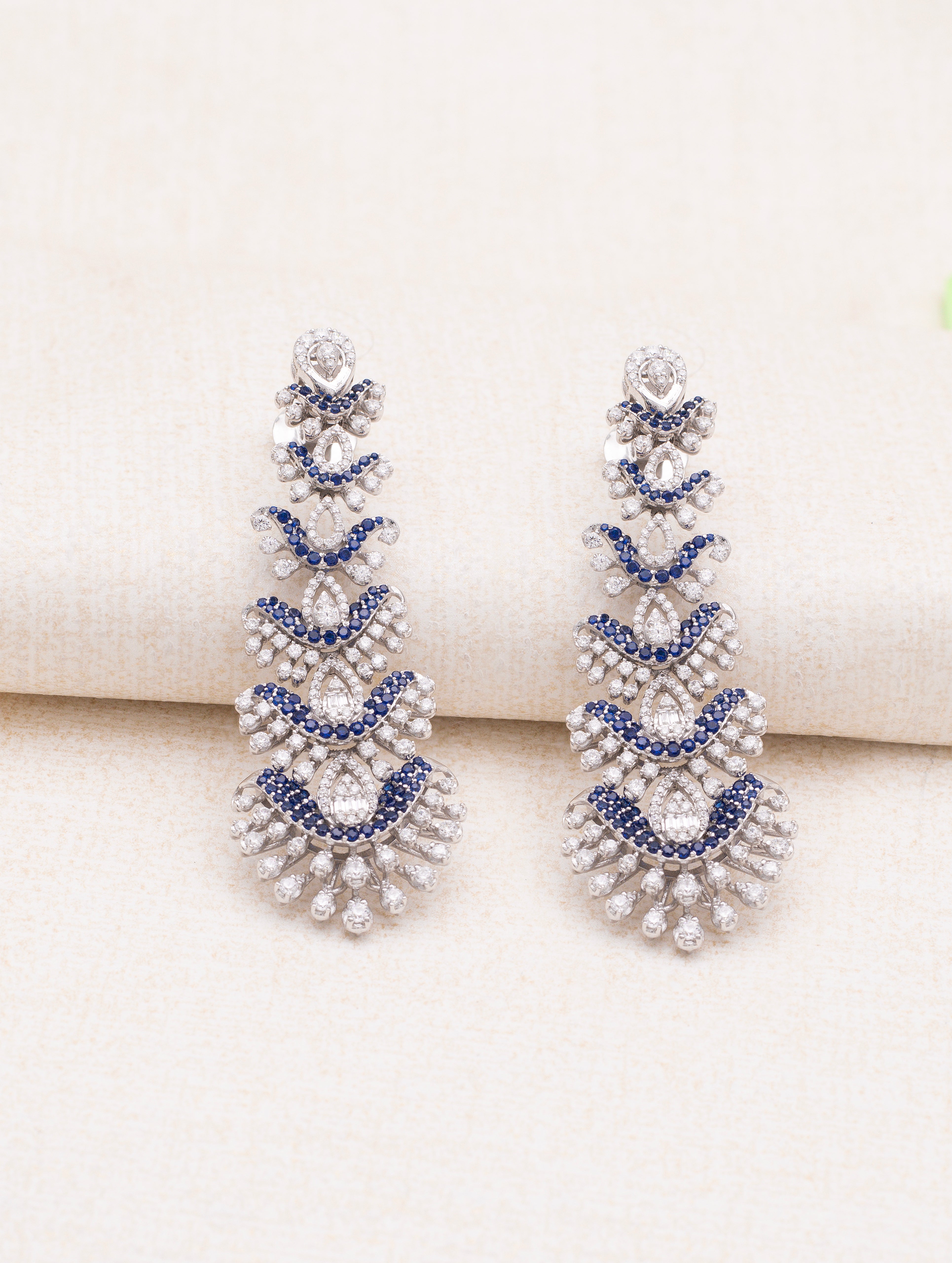 Exquisite 925 Sterling Silver Drop Earrings with Blue and White Stones