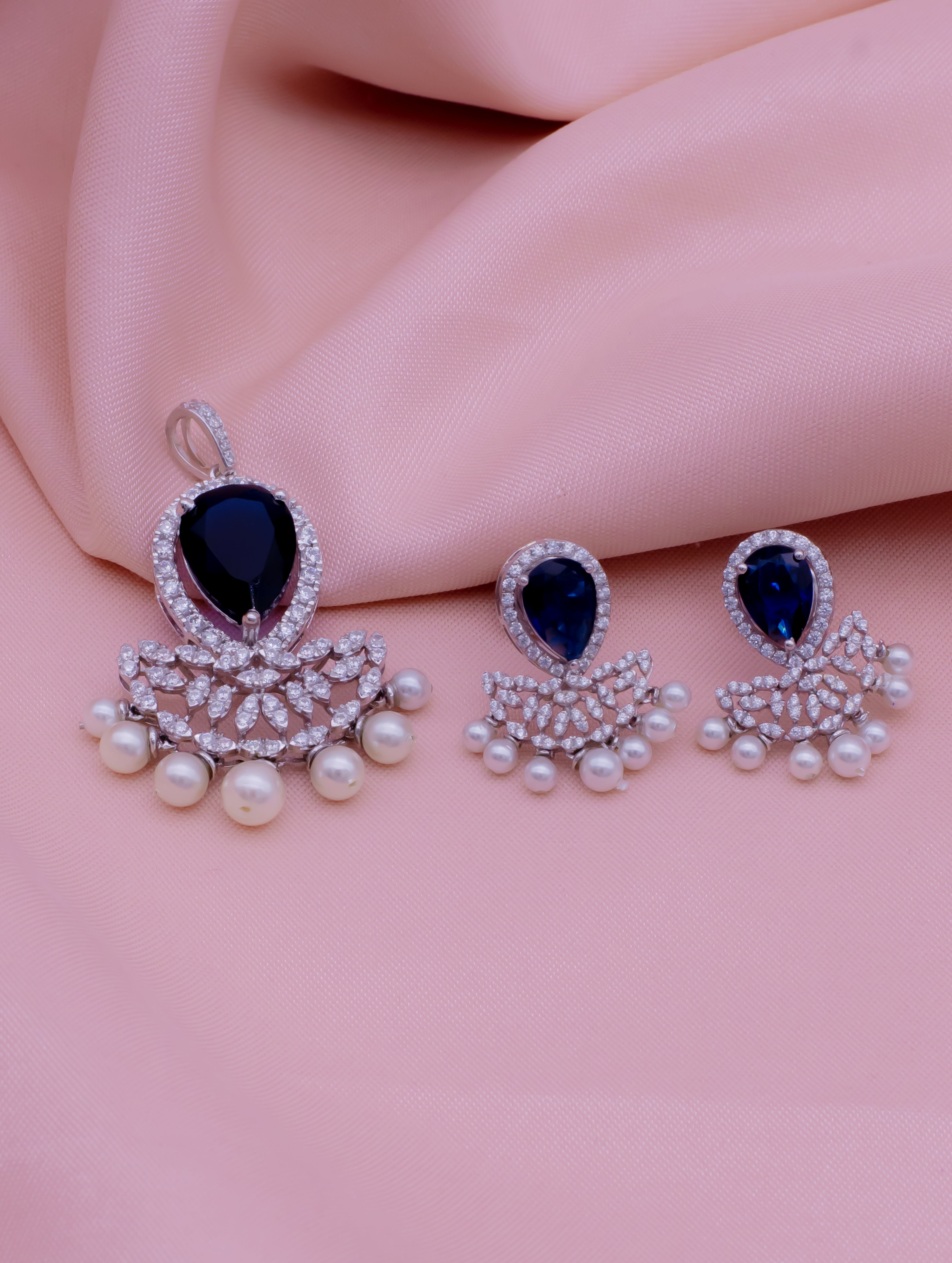Blue Stone & White Swarovski Zircon Pendant & Earrings Set with Pearls