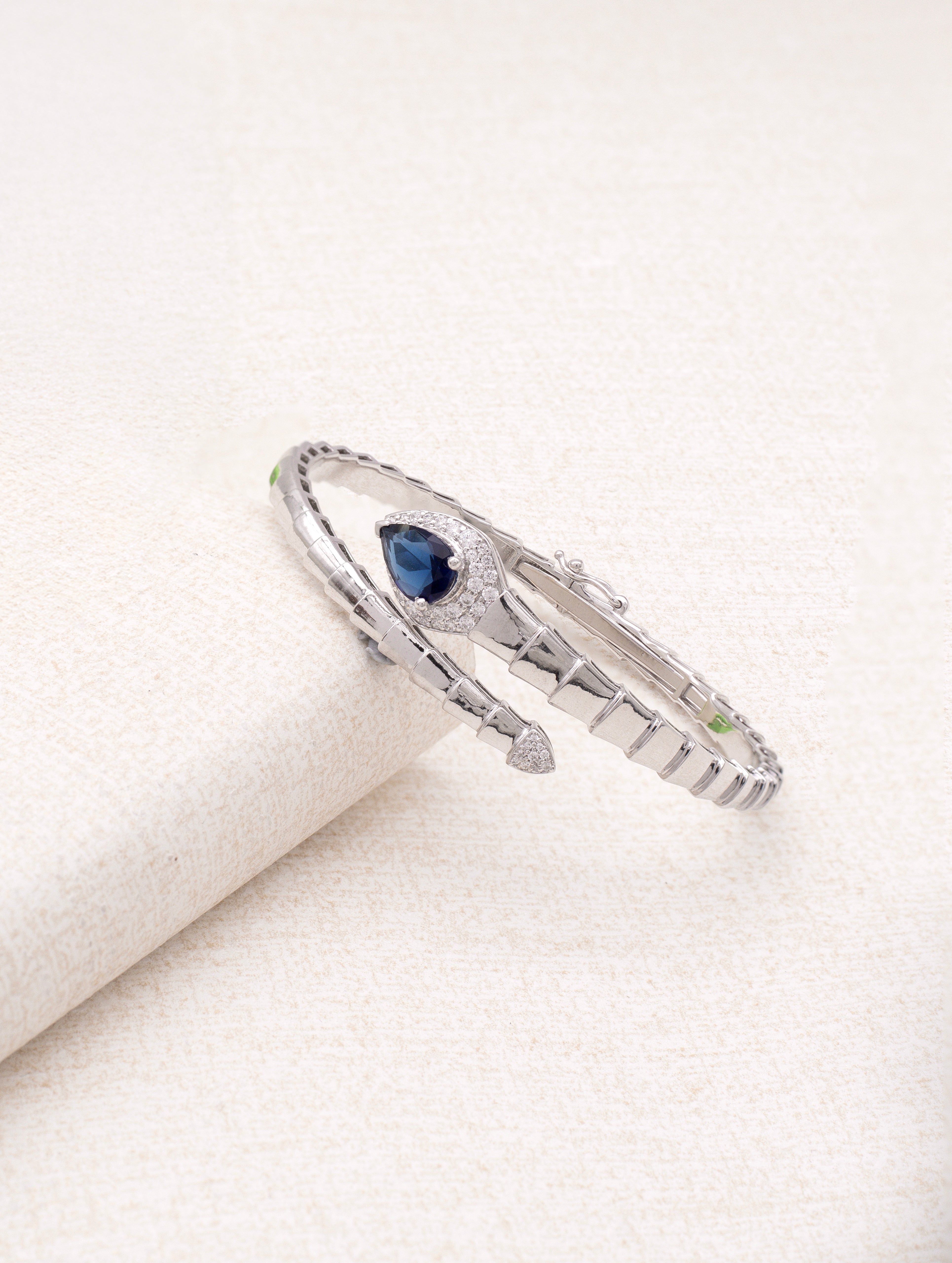 Blue Radiance 925 Silver Openable Kada Bracelet with White Swarovski Stones