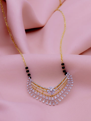 Fan-Shaped White Stone & Black Beads Gold-Tone Mangalsutra Necklace