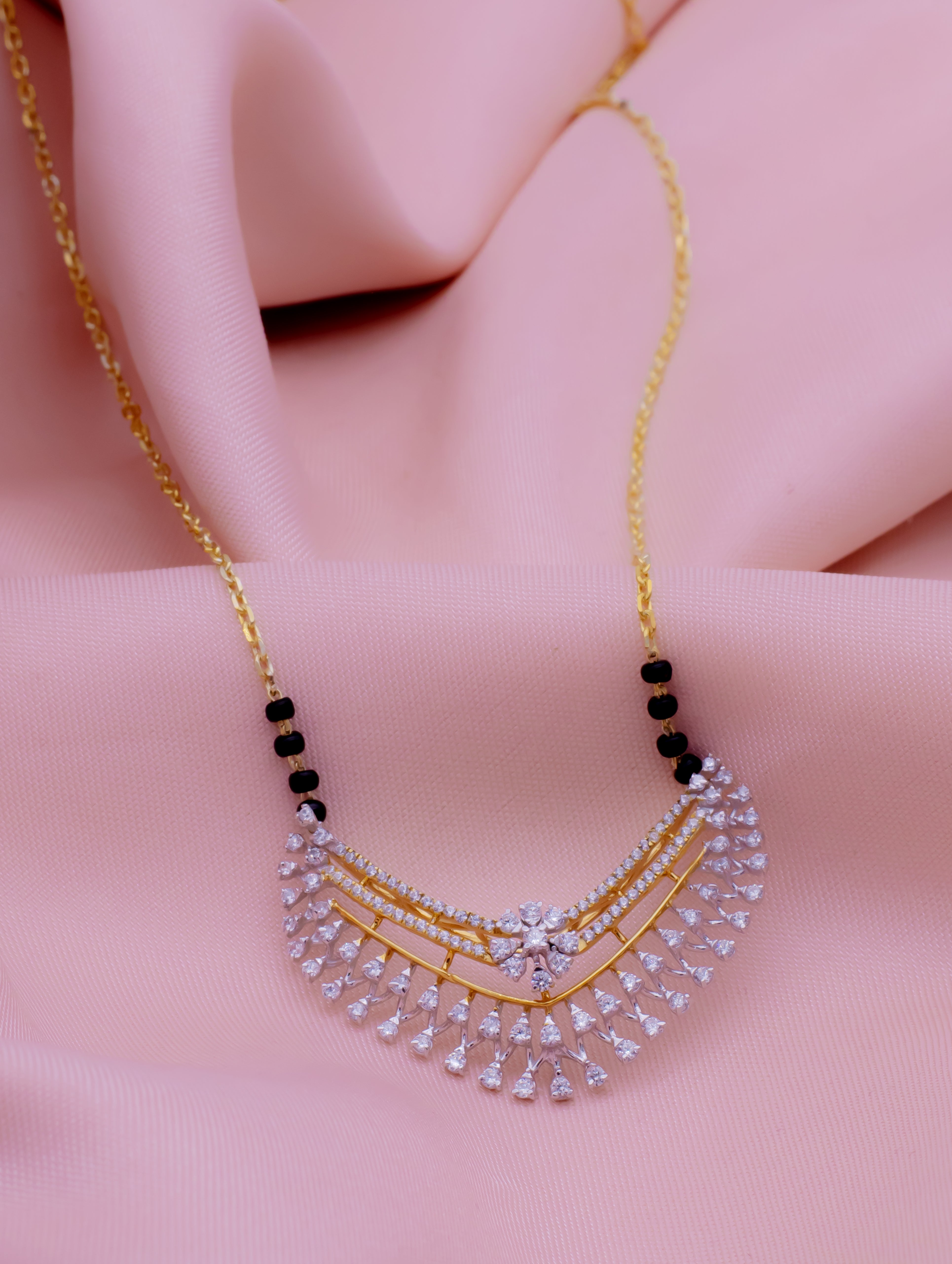 Fan-Shaped White Stone & Black Beads Gold-Tone Mangalsutra Necklace