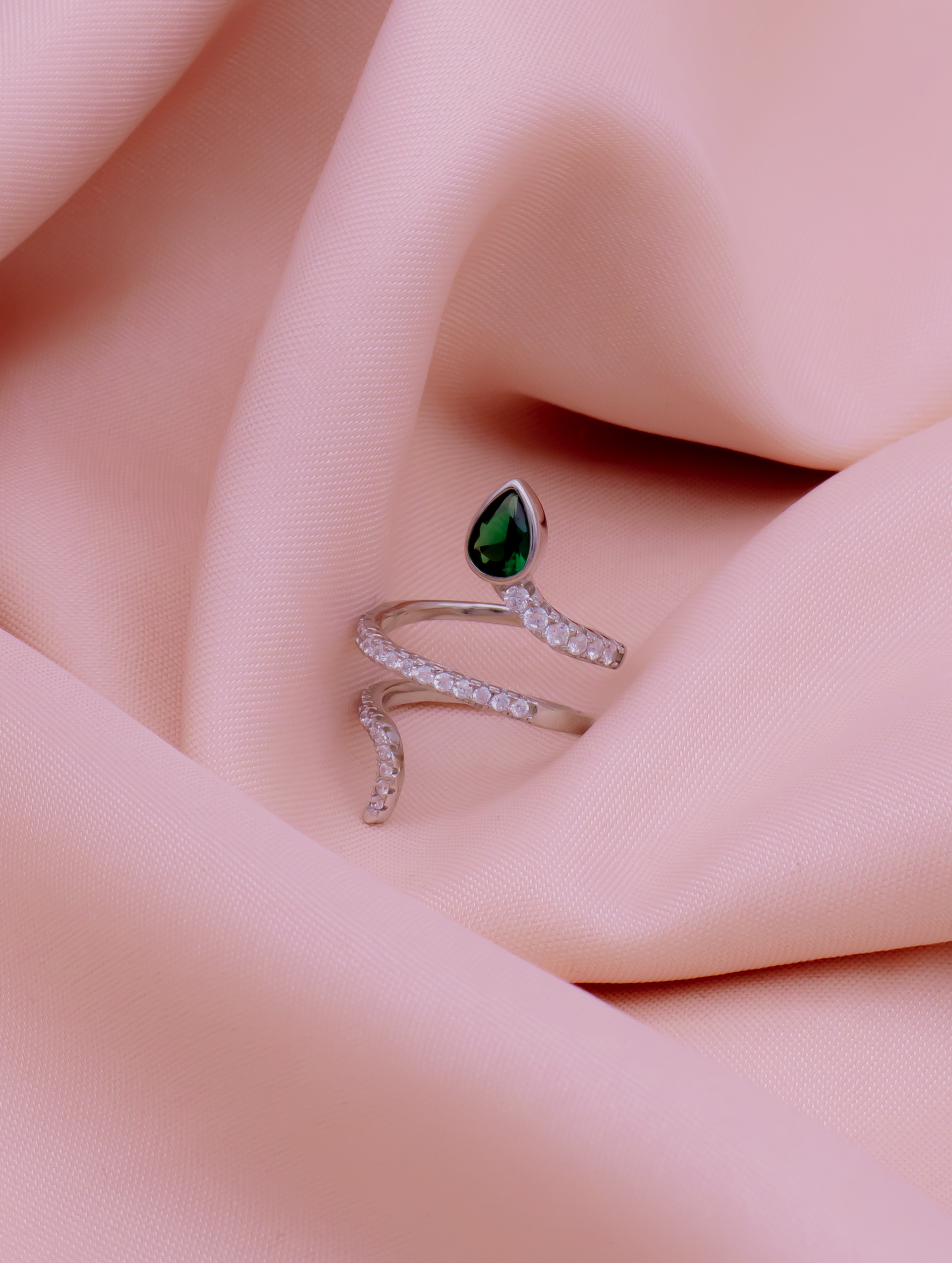 Bypass Open Ring with Green Stone & White Swarovski Zircon