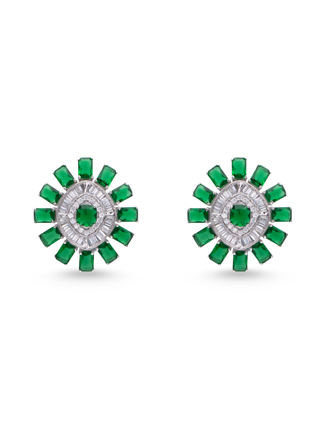 Emerald Glow 925 Silver White Swarovski Zircon & Green Stone Stud Earrings