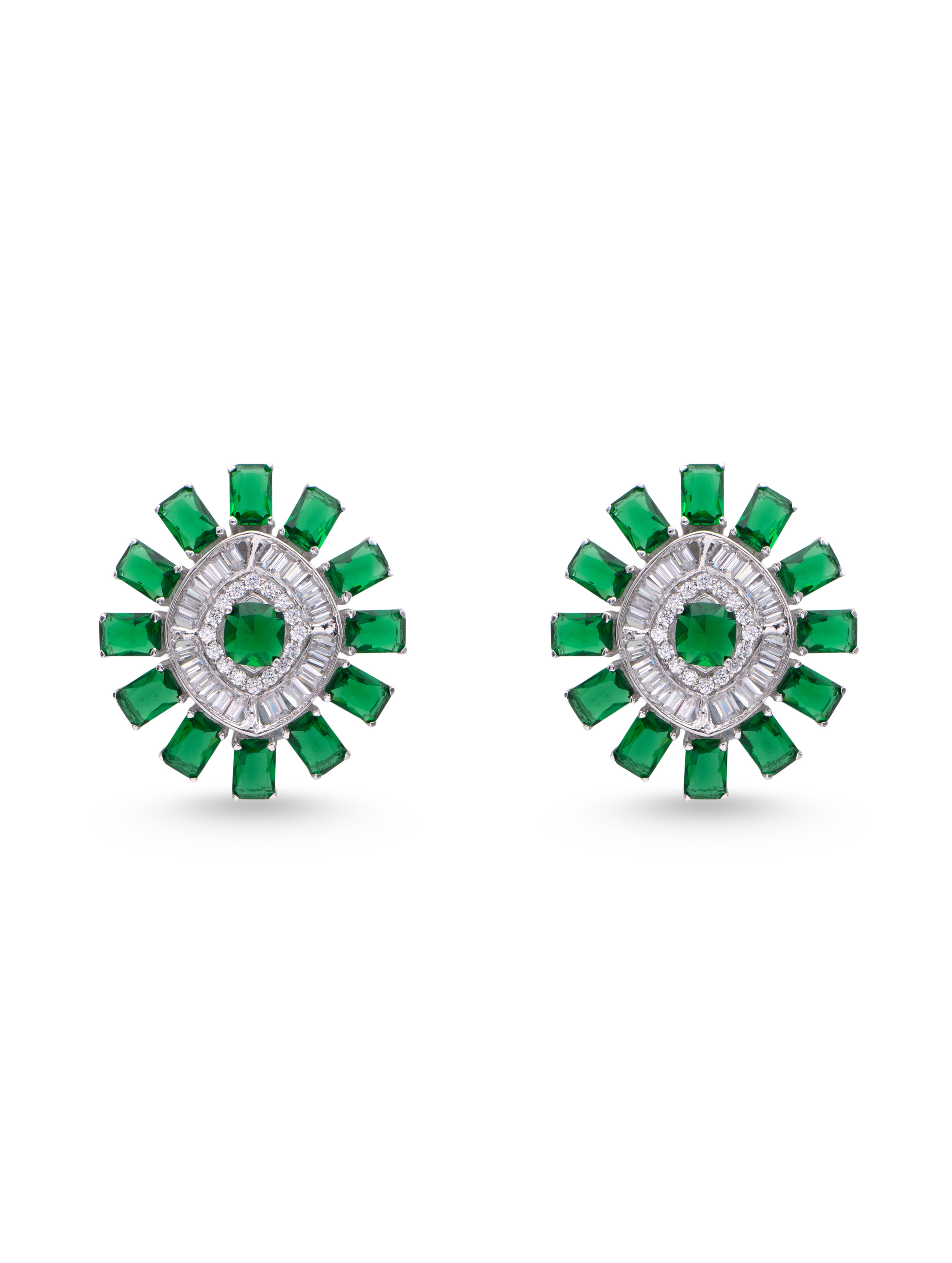 Emerald Glow 925 Silver White Swarovski Zircon & Green Stone Stud Earrings