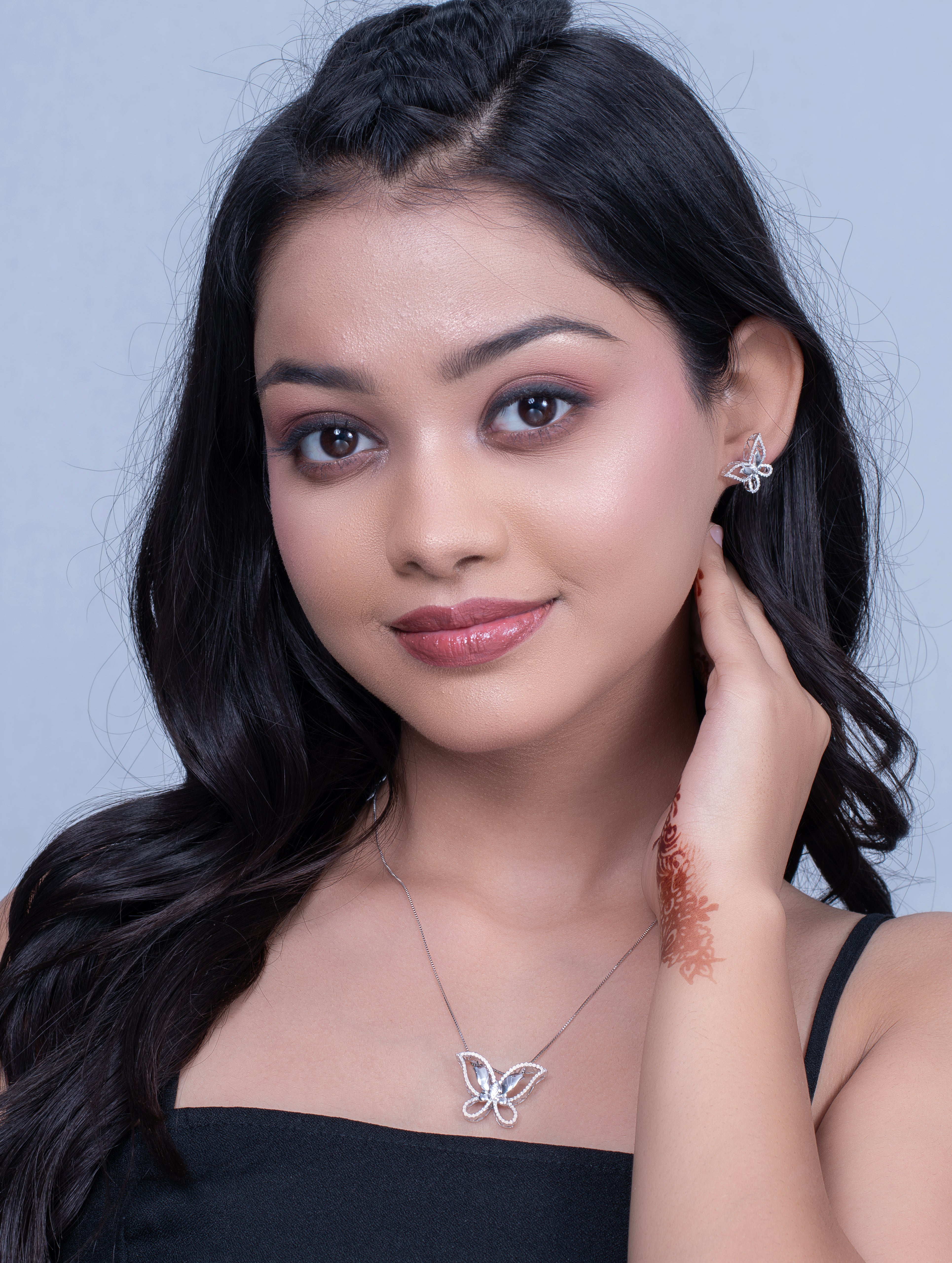 Silver-Tone White Stone Butterfly Pendant & Earrings Set