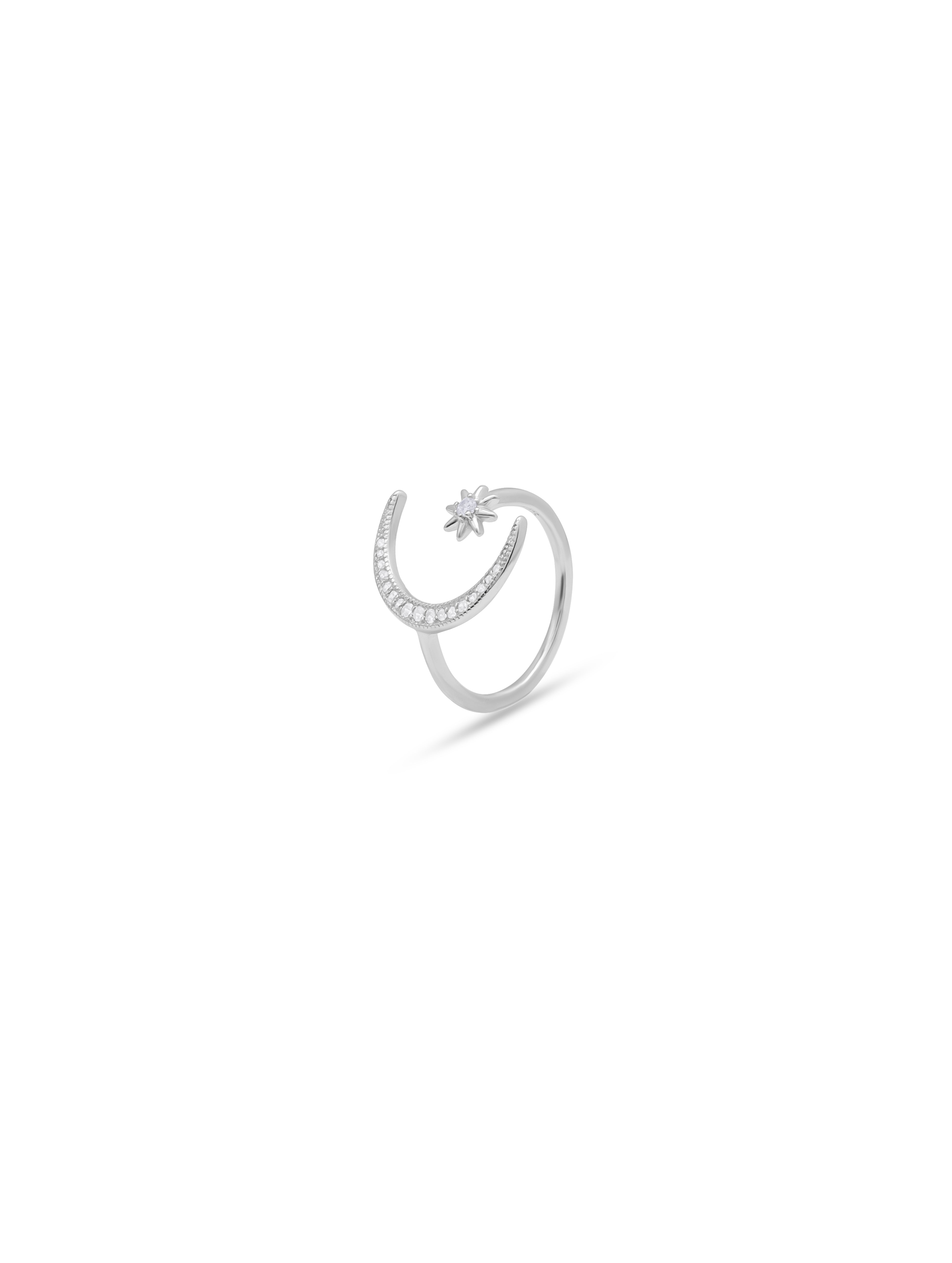 Silver Crescent Moon & Star Ring