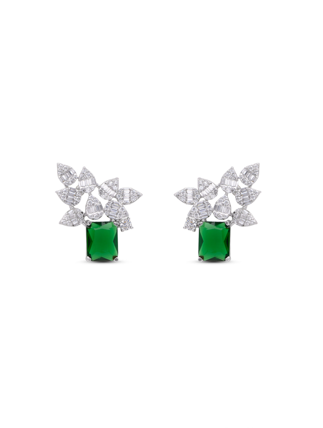 Leaf Elegance 925 Silver White & Green Stone Stud Earrings