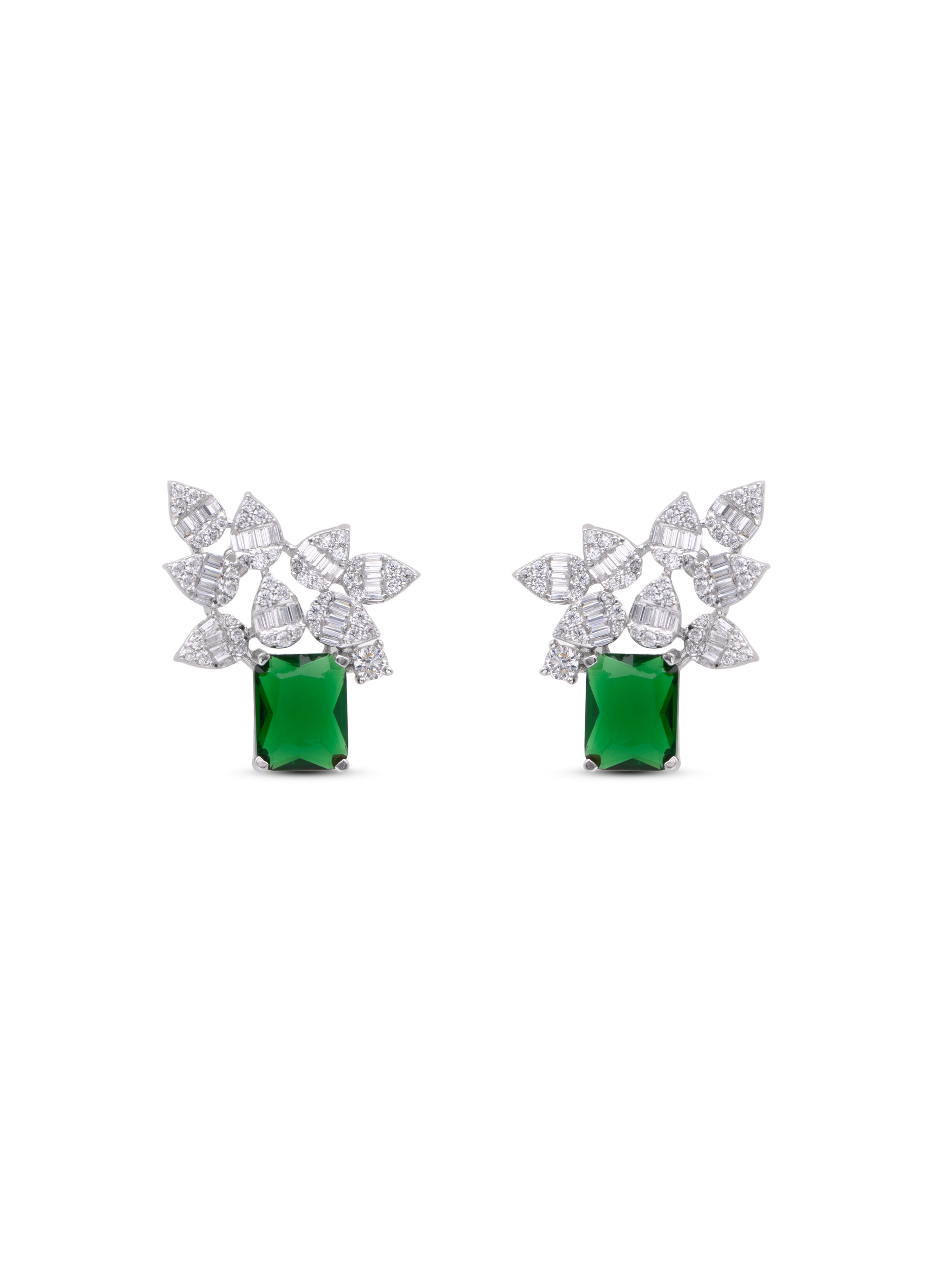 Leaf Elegance 925 Silver White & Green Stone Stud Earrings