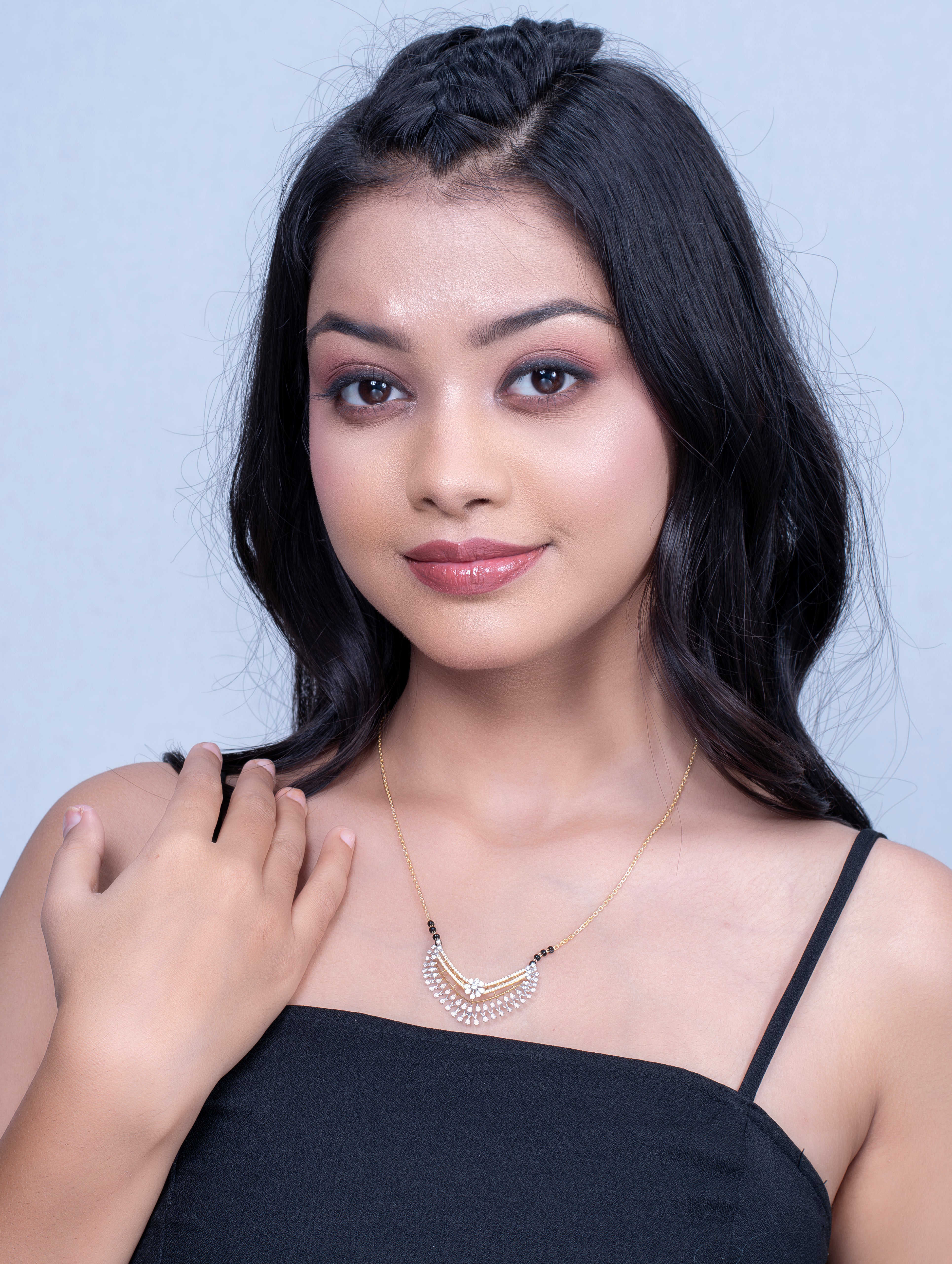 Fan-Shaped White Stone & Black Beads Gold-Tone Mangalsutra Necklace