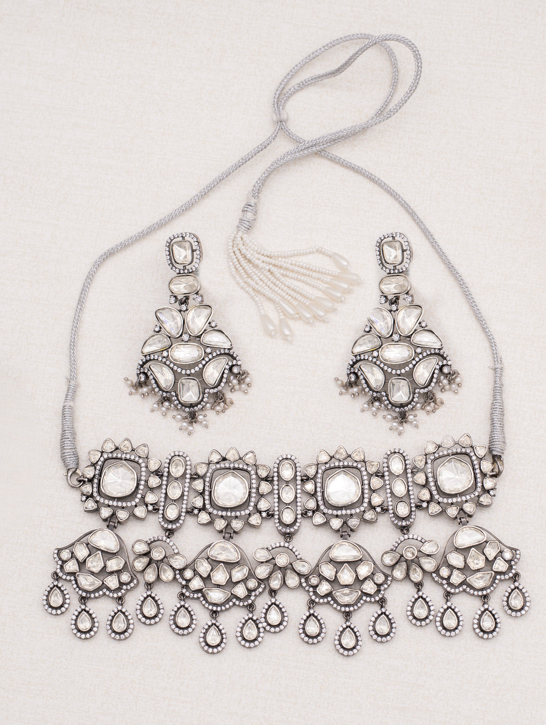 Regal Allure 925 Silver White Kundan Necklace Set