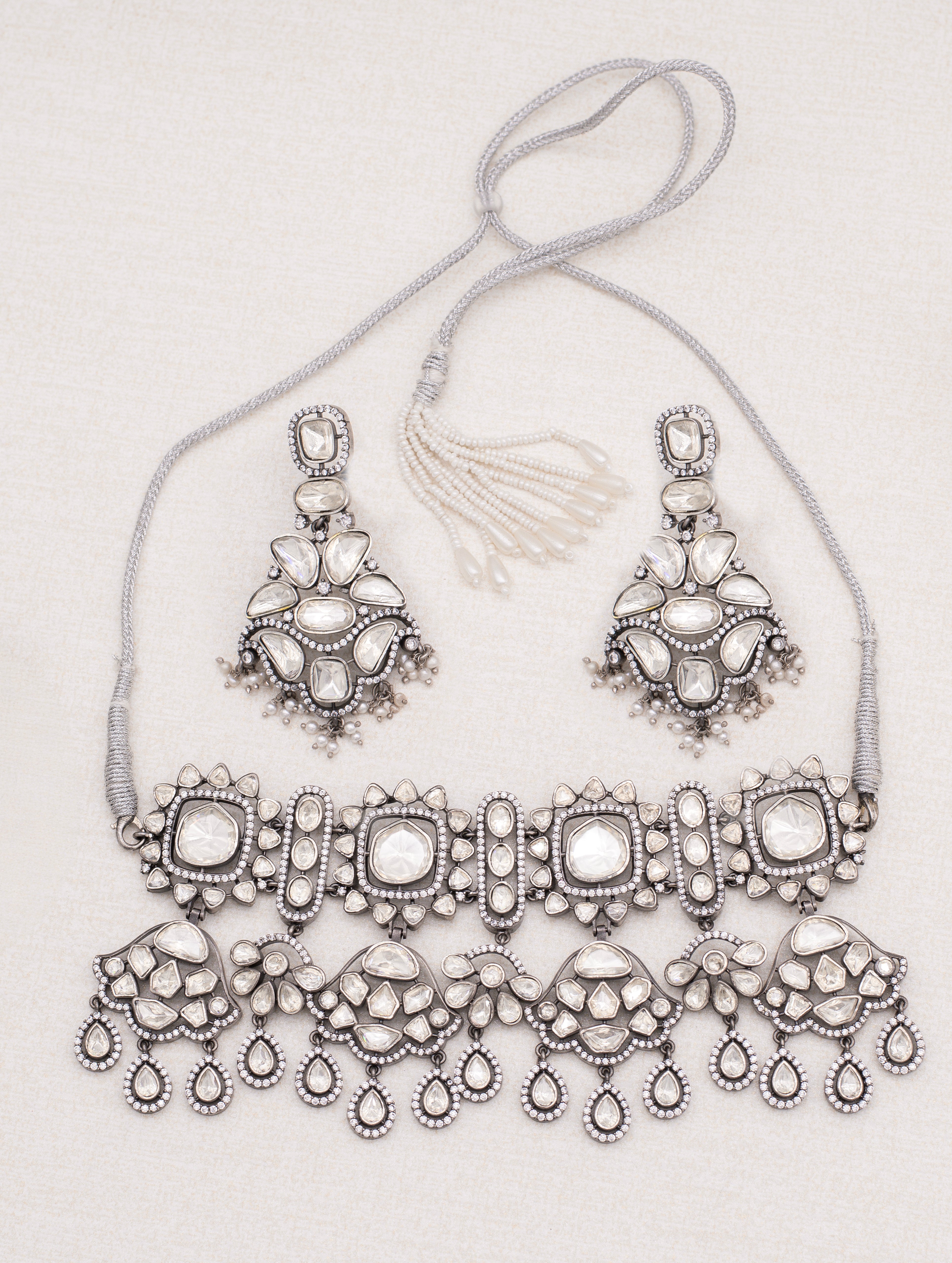 Regal Allure 925 Silver White Kundan Necklace Set