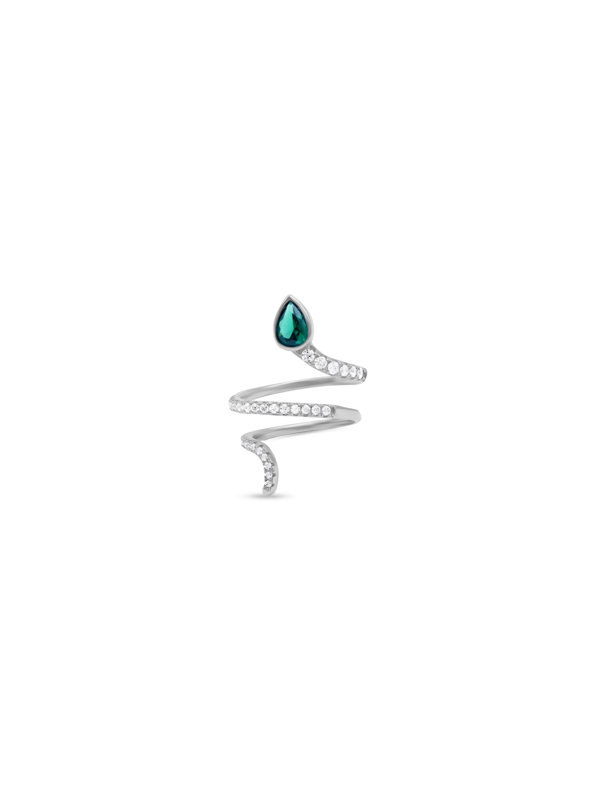 Silver ring with a green gemstone on a white background
