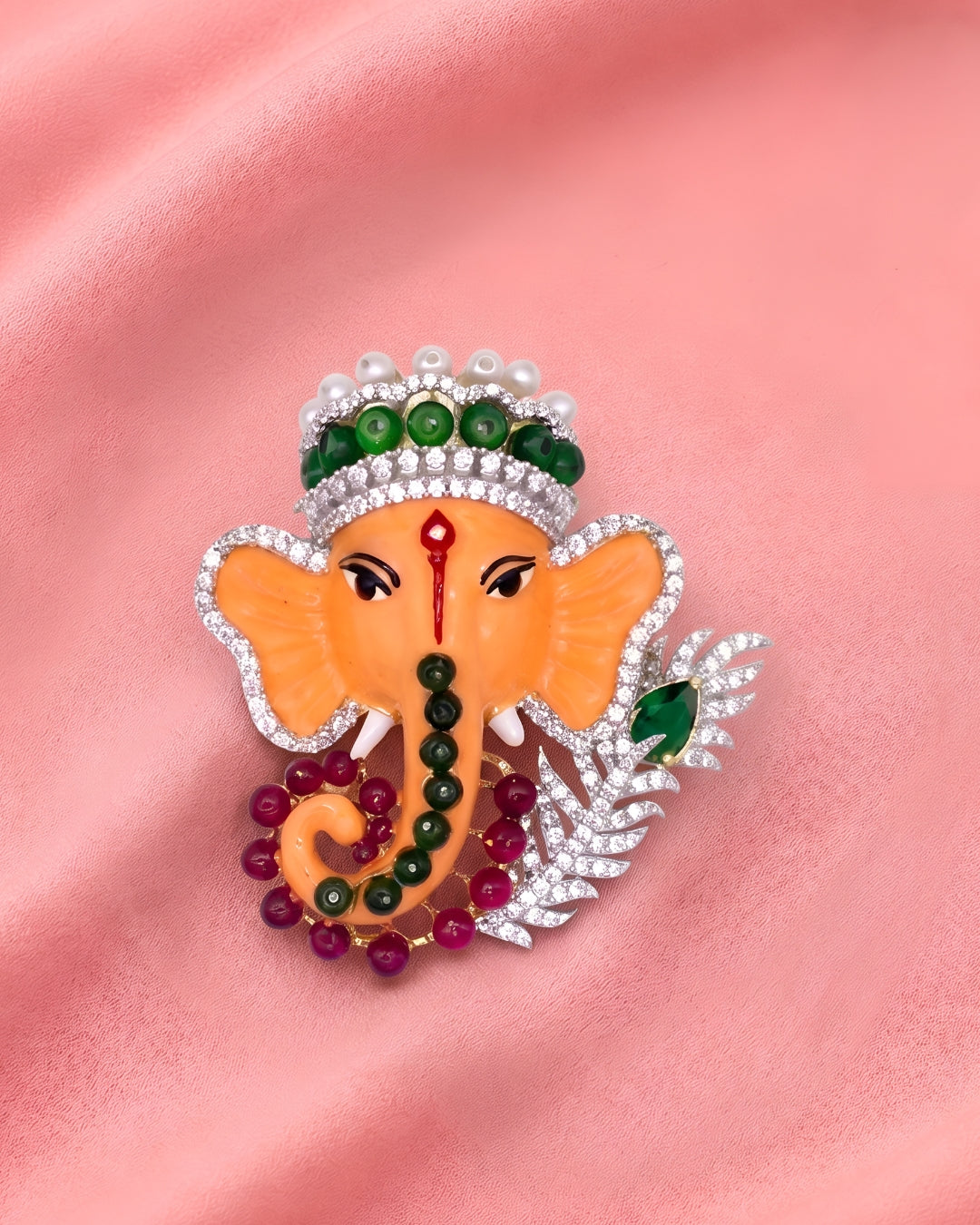 Ganesha Saffron Enamel & CZ Halo Pendant