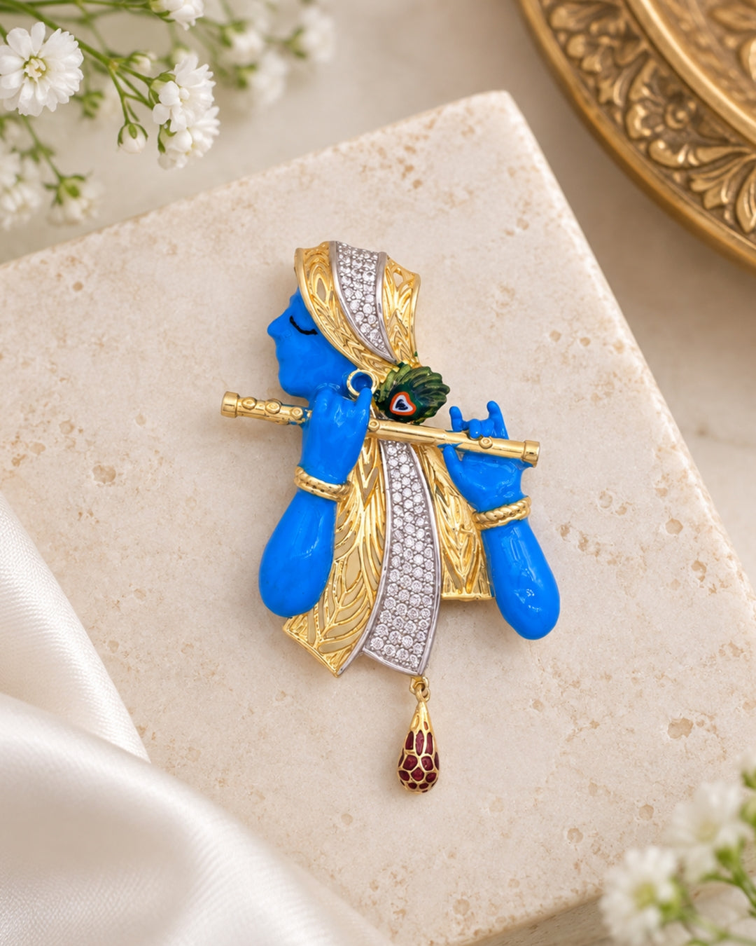 Gold-Plated Krishna Enamel Convertible Brooch & Pendant