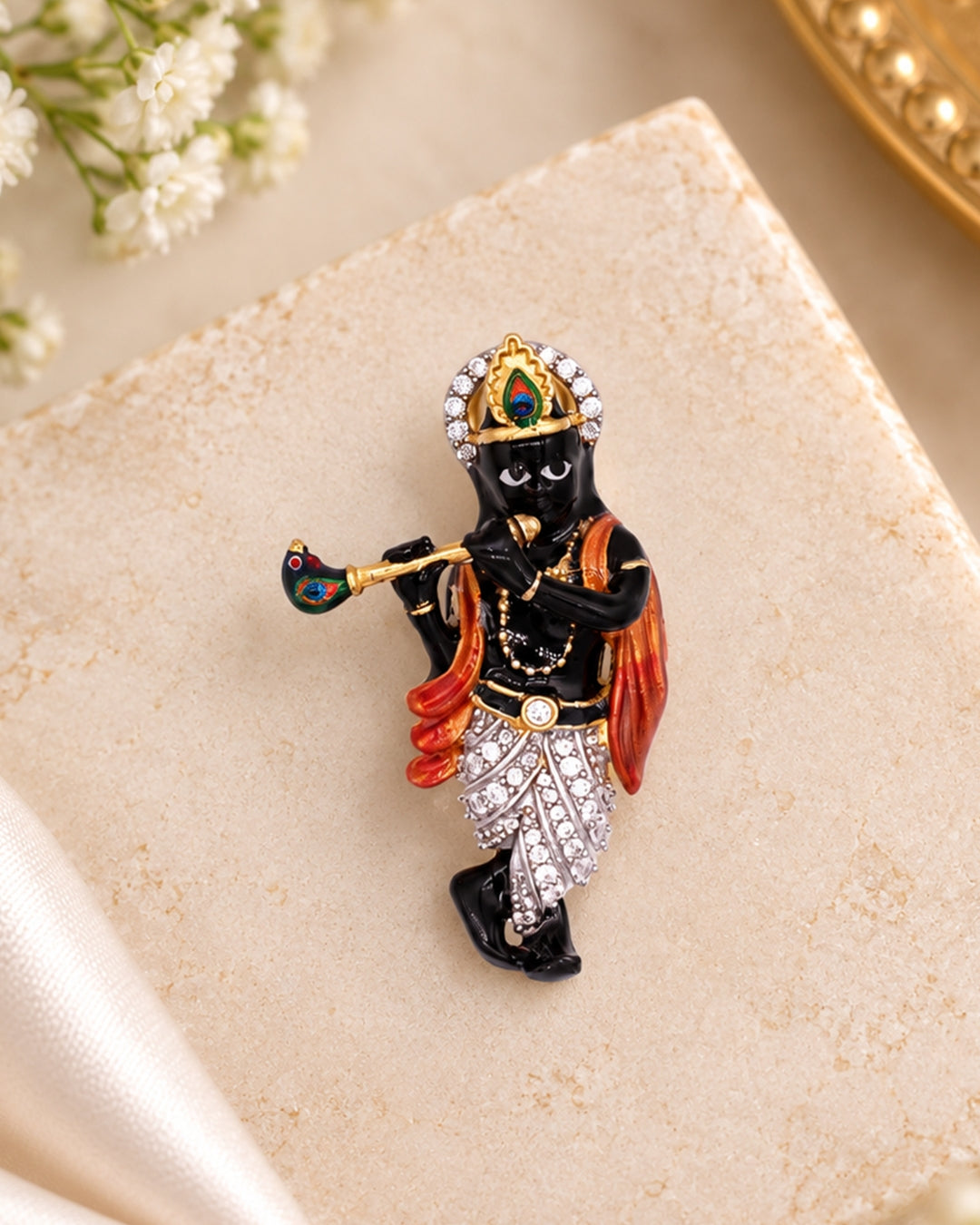 Gold-Plated Krishna Flute Enamel Brooch