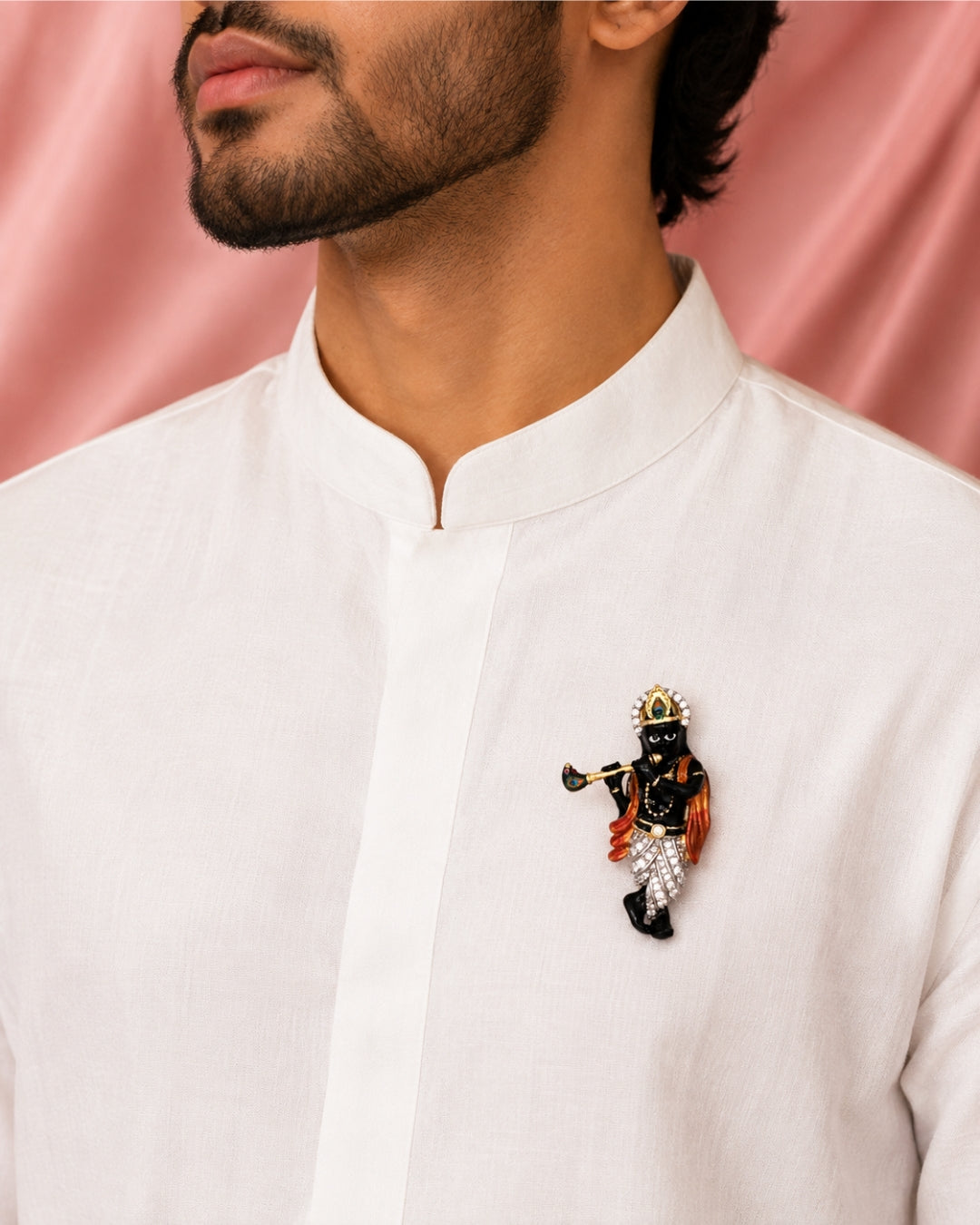 Gold-Plated Krishna Flute Enamel Brooch