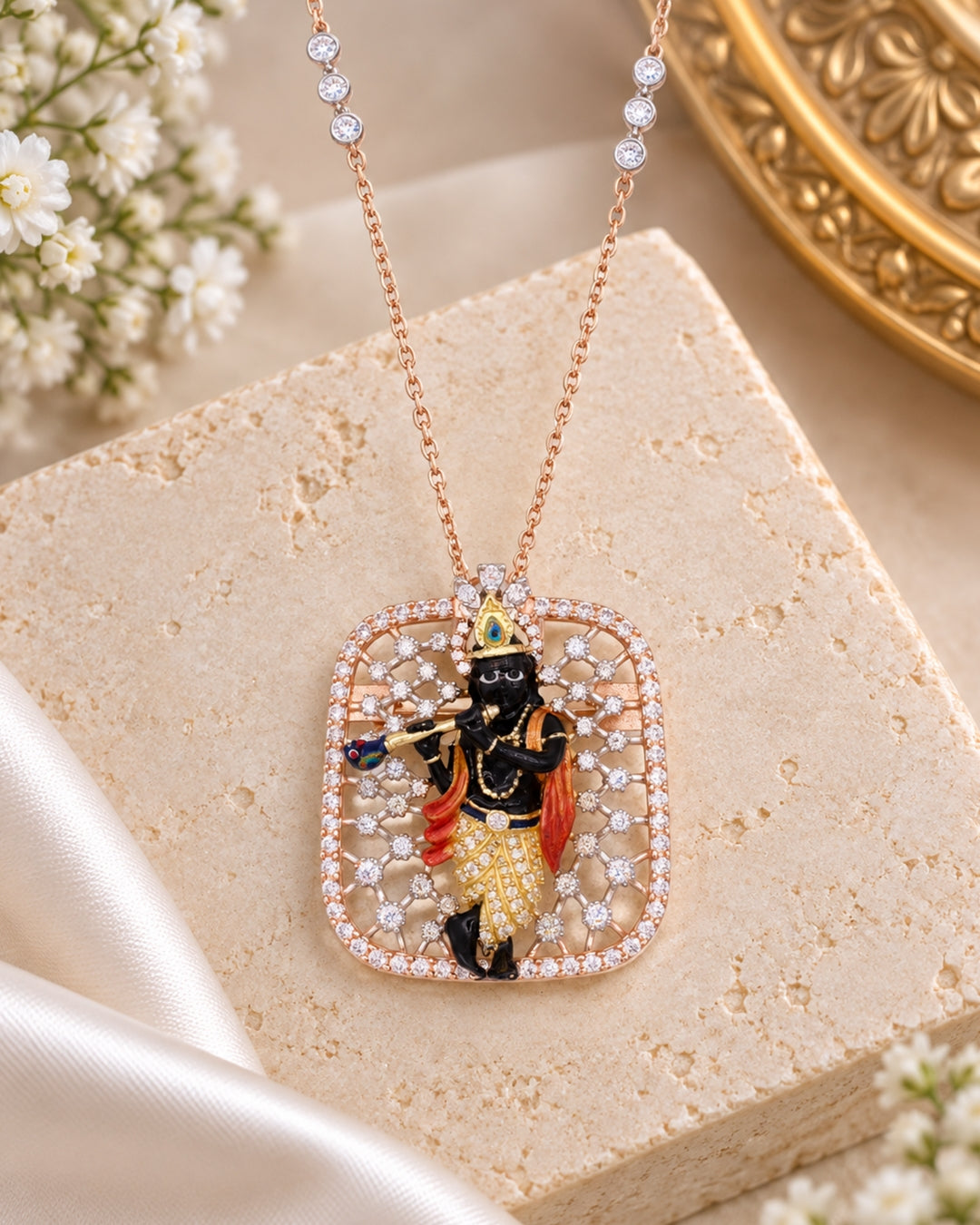 Krishna Black Enamel Lattice CZ Pendant