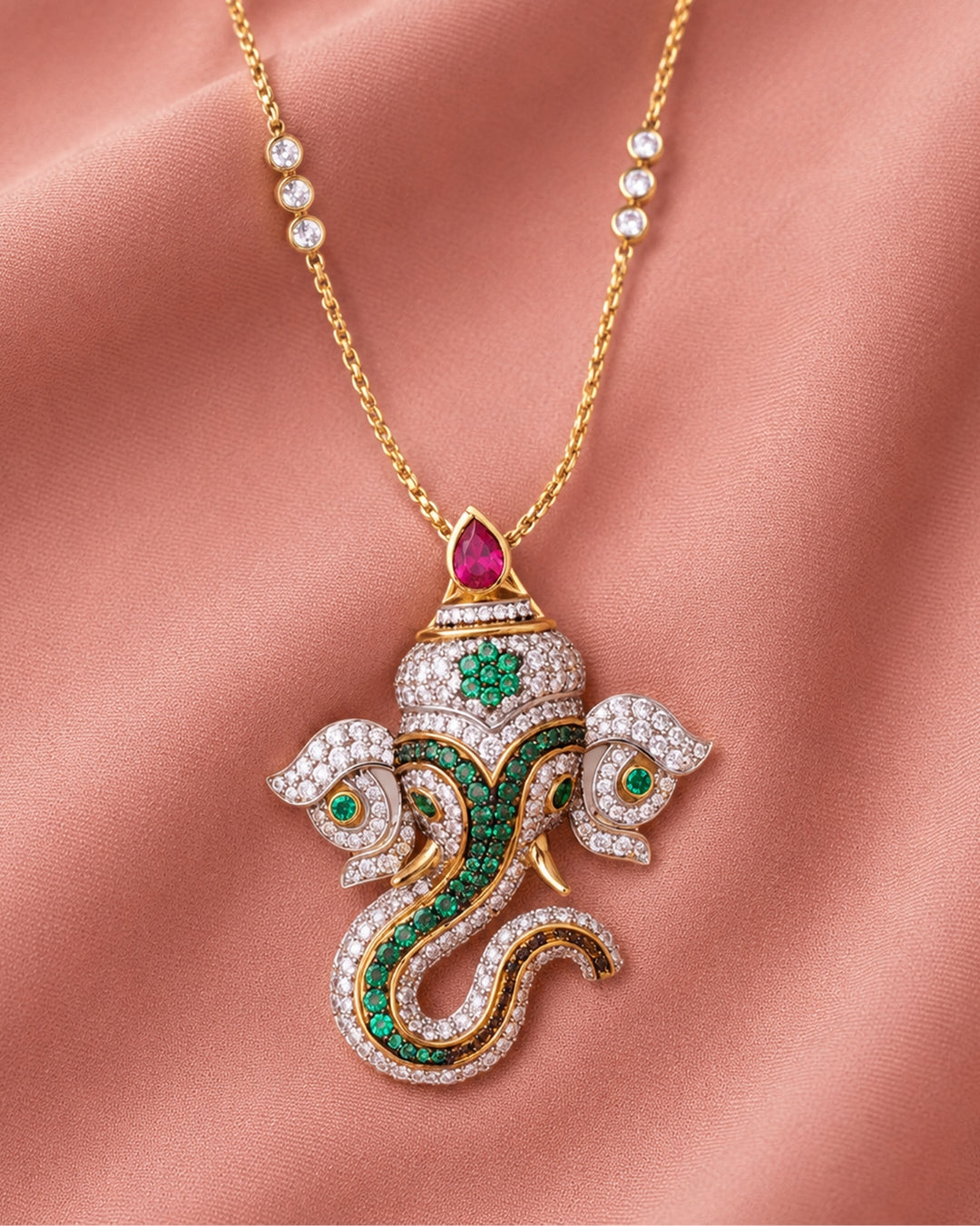 Lord Ganesha Peacock & CZ Statement Pendant