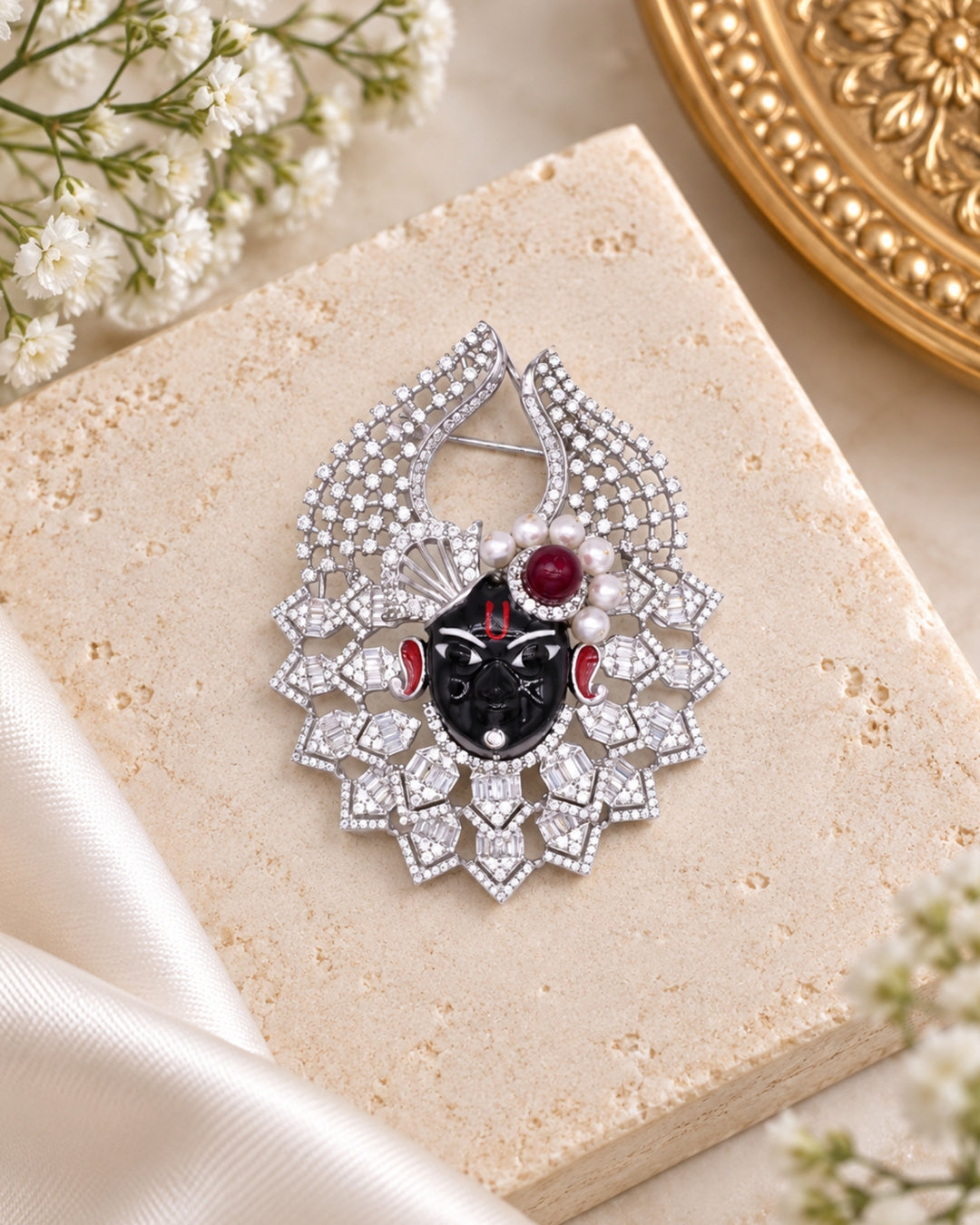 Gold-Plated Shreenathji CZ & Pearl Radiant Brooch