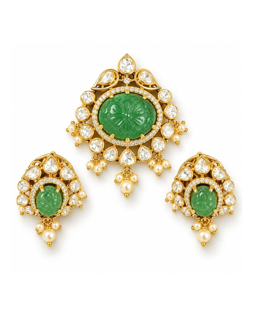Carved Jade Polki Pearl Fringe Set