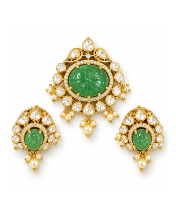 Carved Jade Polki Pearl Fringe Set
