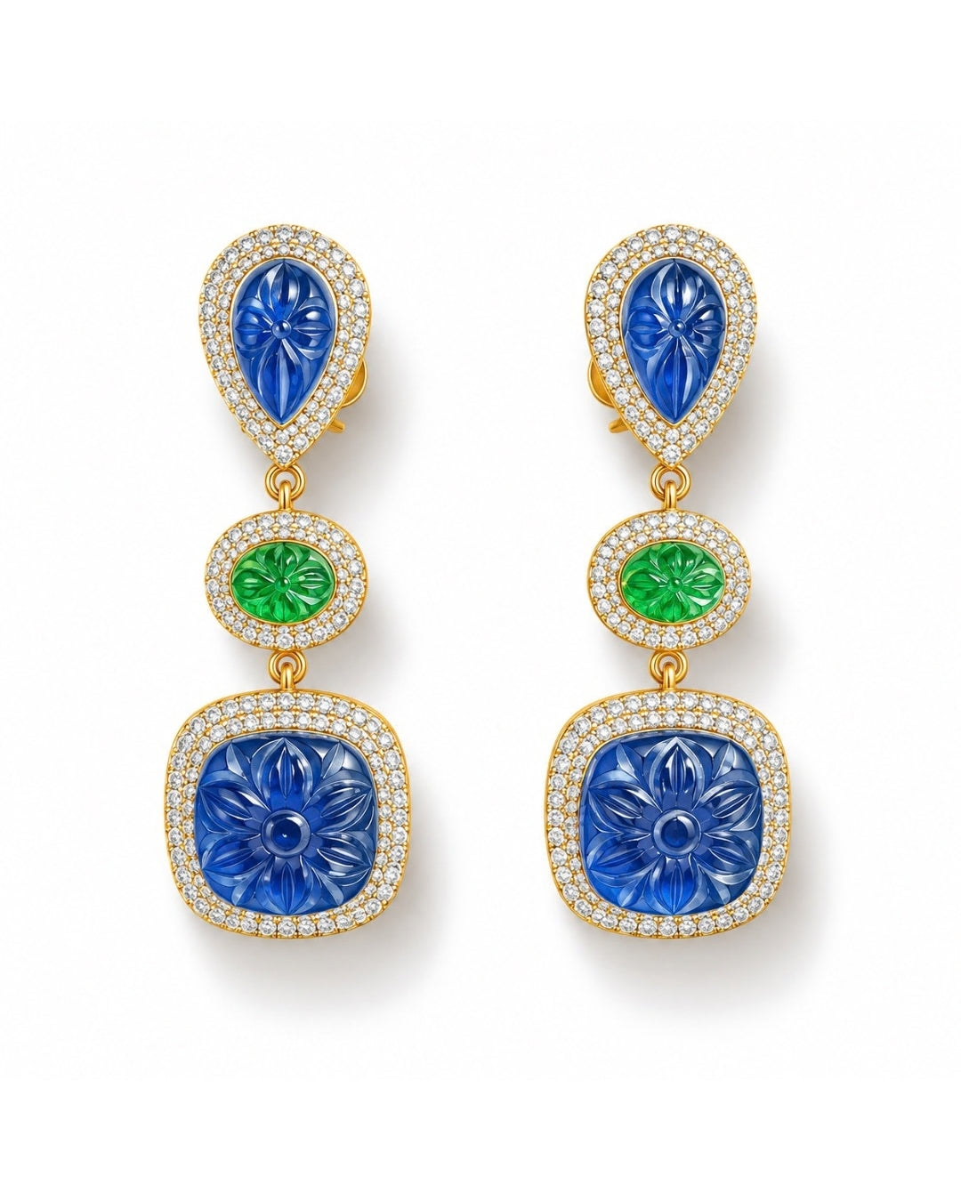 Carved Sapphire & Emerald Tiered Drop Earrings