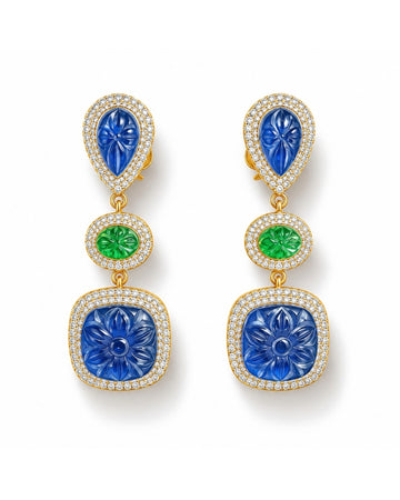 Carved Sapphire & Emerald Tiered Drop Earrings