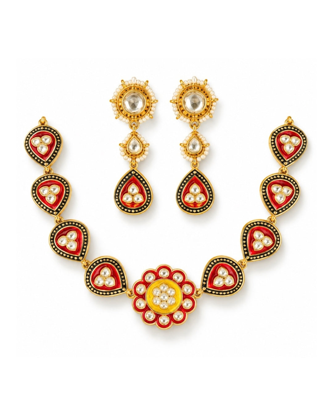 Crimson Bloom Polki Enamel Necklace Set