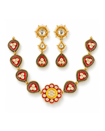 Crimson Bloom Polki Enamel Necklace Set
