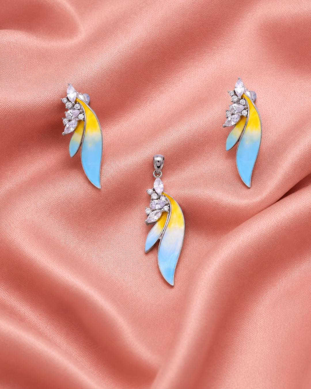 Blue & Yellow Enamel Feather Pendant & Earring Set
