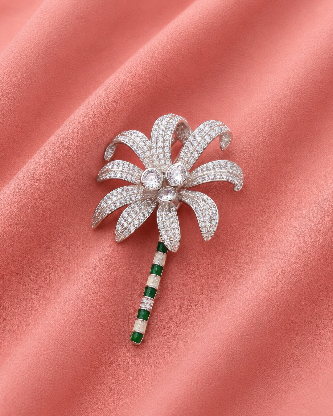 Pave Fern Spray Brooch with Black Enamel Stem
