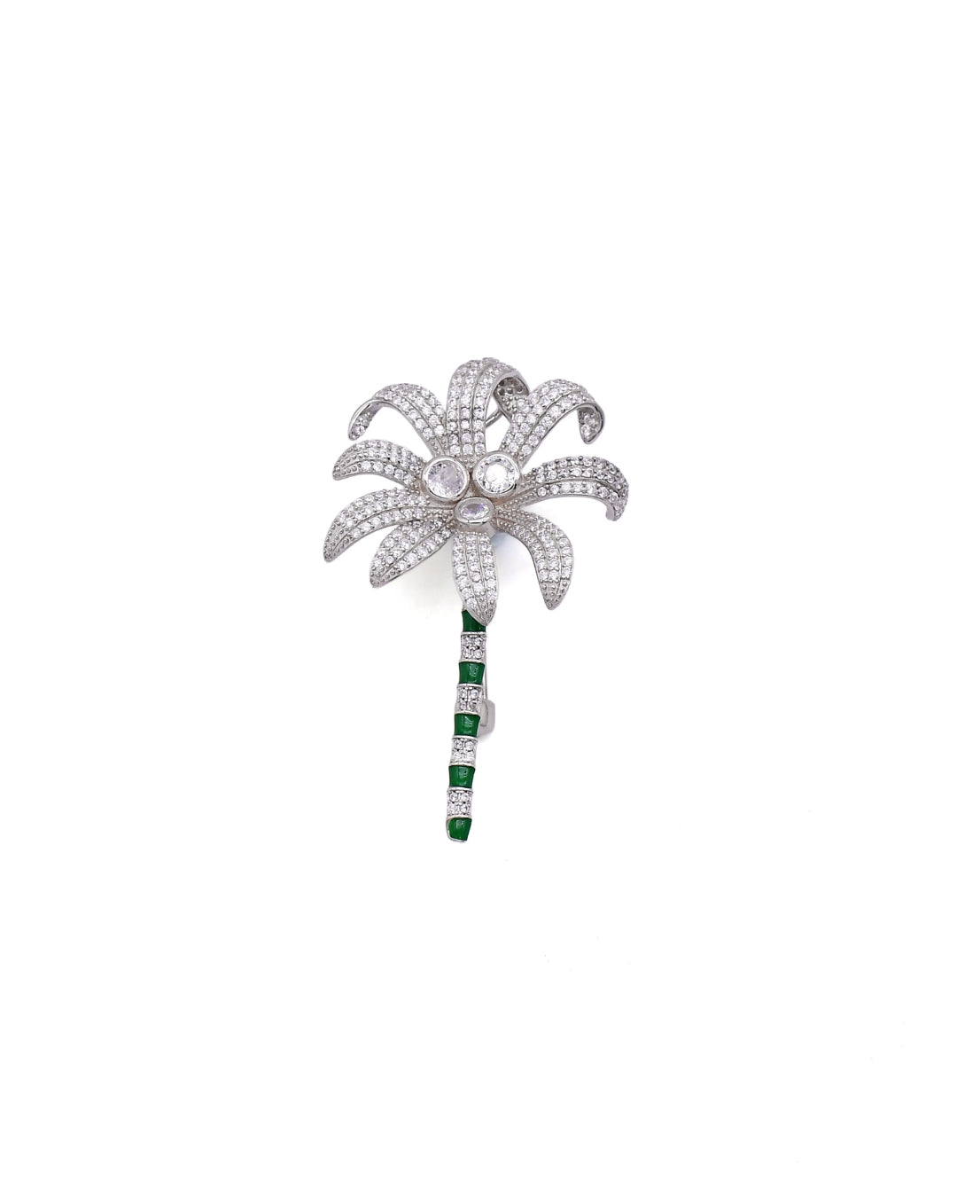 Pave Fern Spray Brooch with Black Enamel Stem