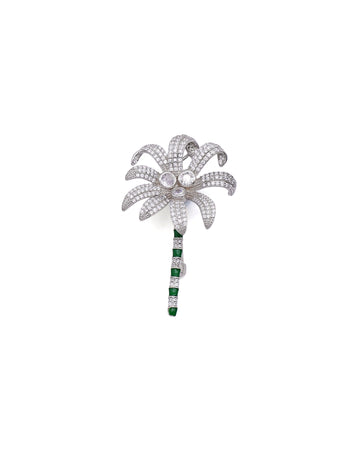 Pave Fern Spray Brooch with Black Enamel Stem