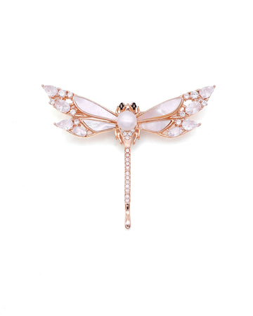 Rose Gold Marquise CZ Dragonfly Brooch with Pearl Body