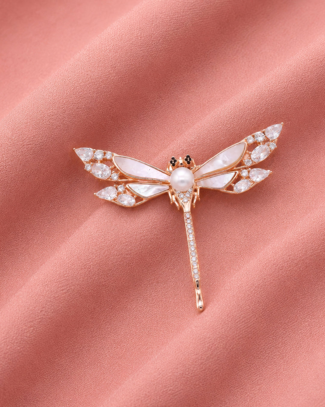 Rose Gold Marquise CZ Dragonfly Brooch with Pearl Body