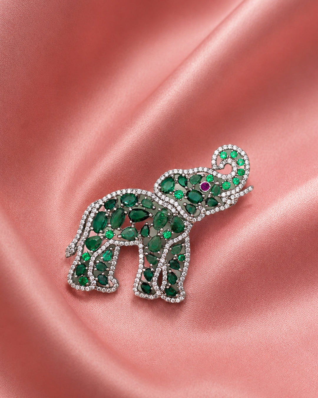 Green Gemstone Pave Elephant Brooch with Pink Eye
