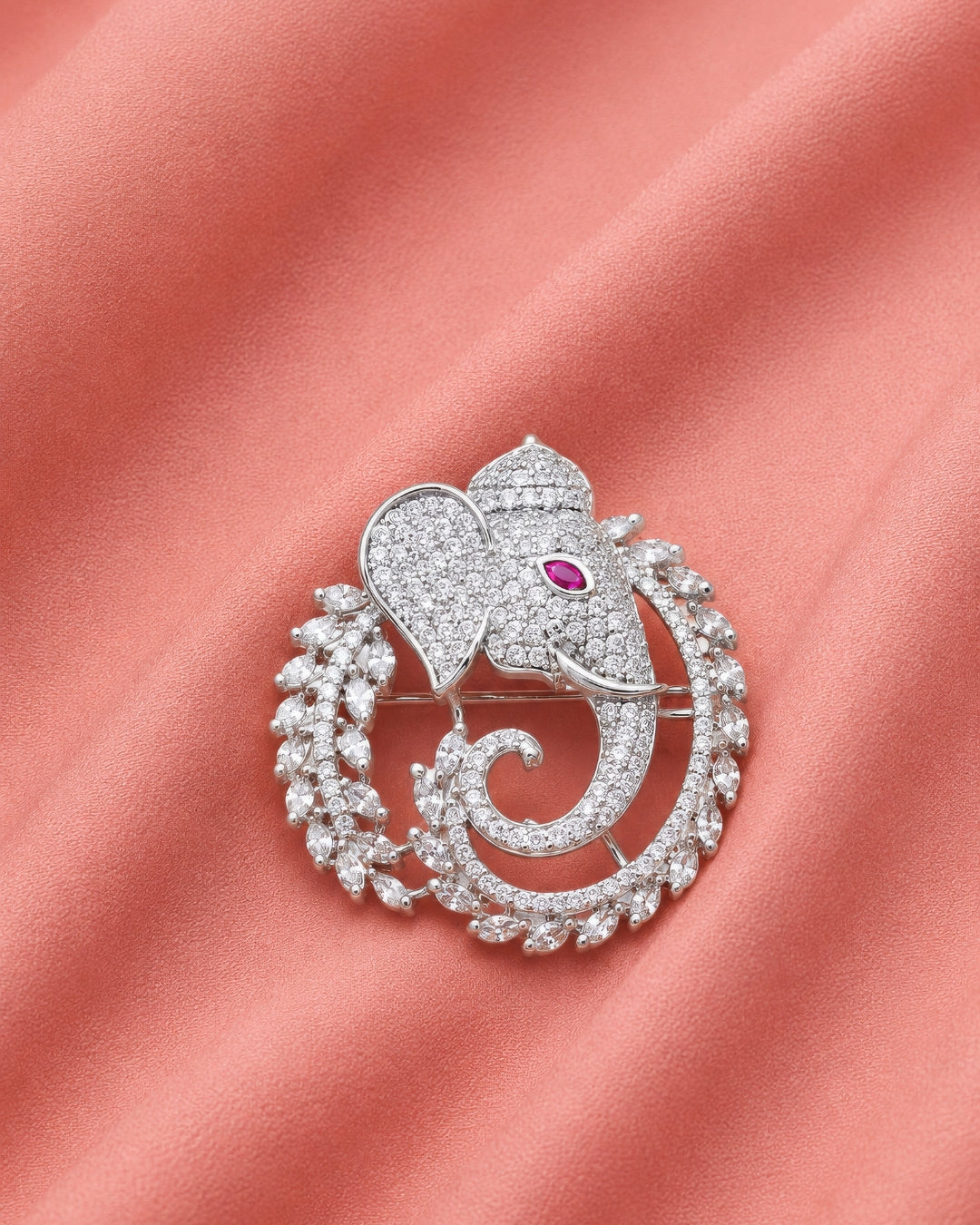 Pave Elephant Brooch with Floral Wreath & Gemstone Eye