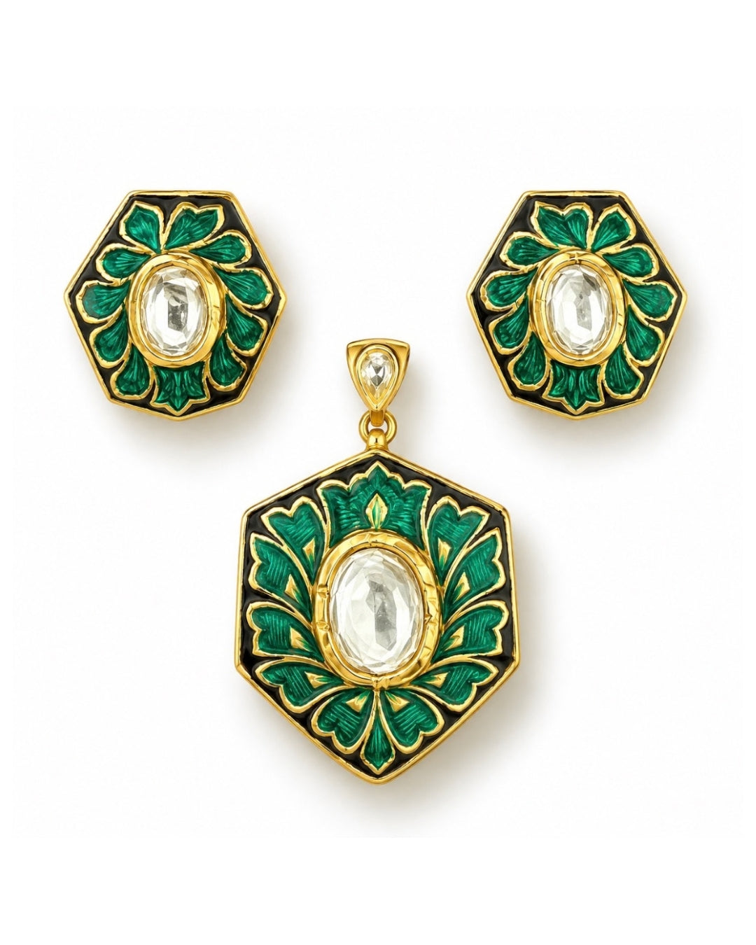Emerald Leaf Hexagon Polki Set