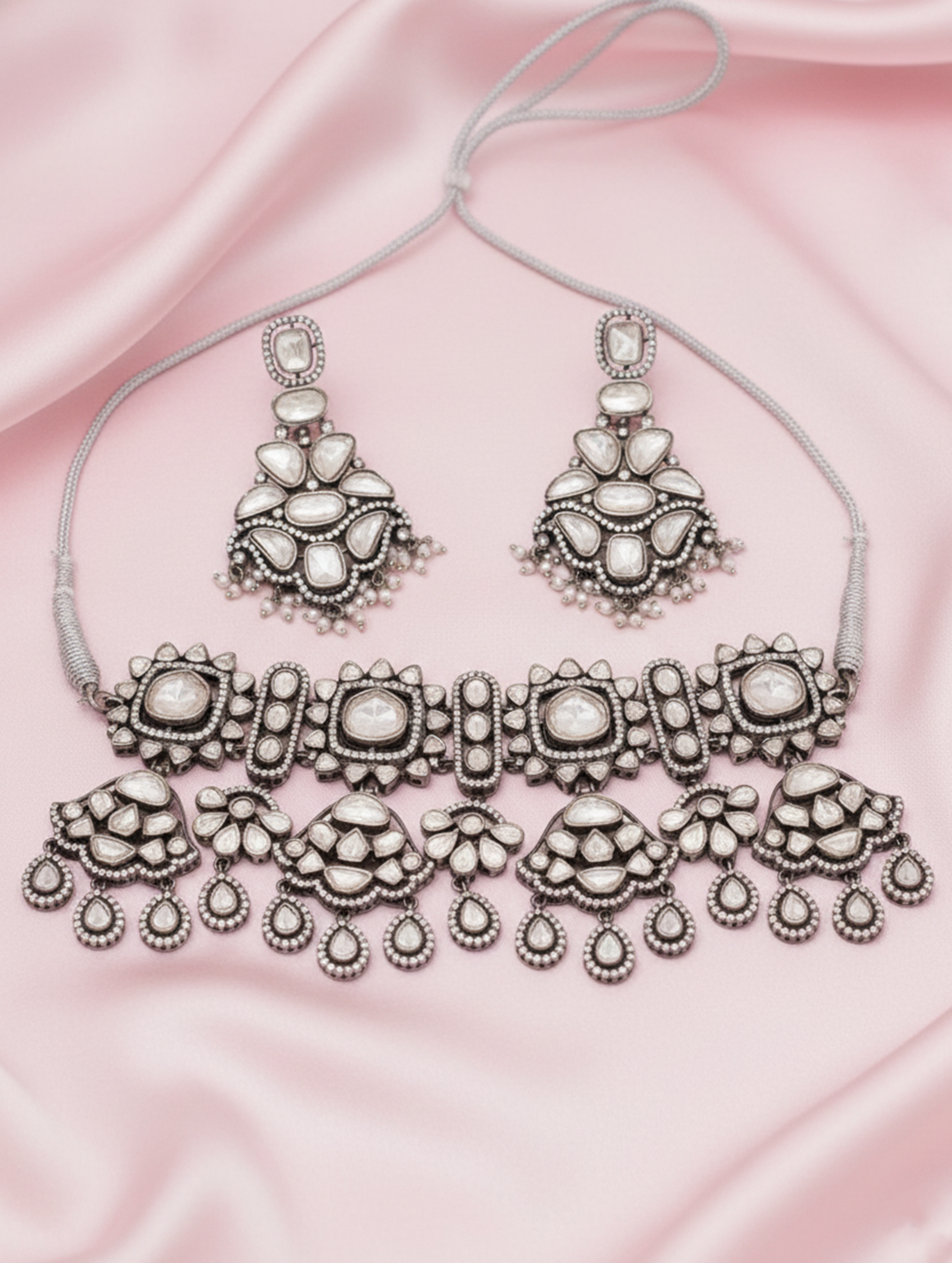 Regal Allure 925 Silver White Kundan Necklace Set