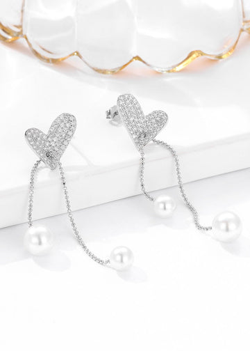 Pearl Drop Silver Heart Zircon Earrings