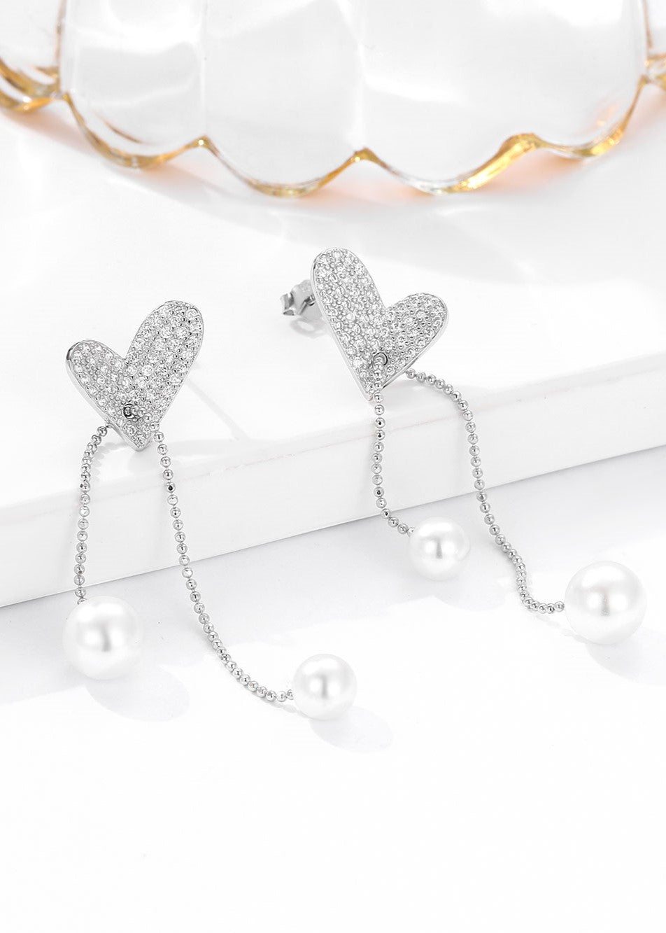 Pearl Drop Silver Heart Zircon Earrings
