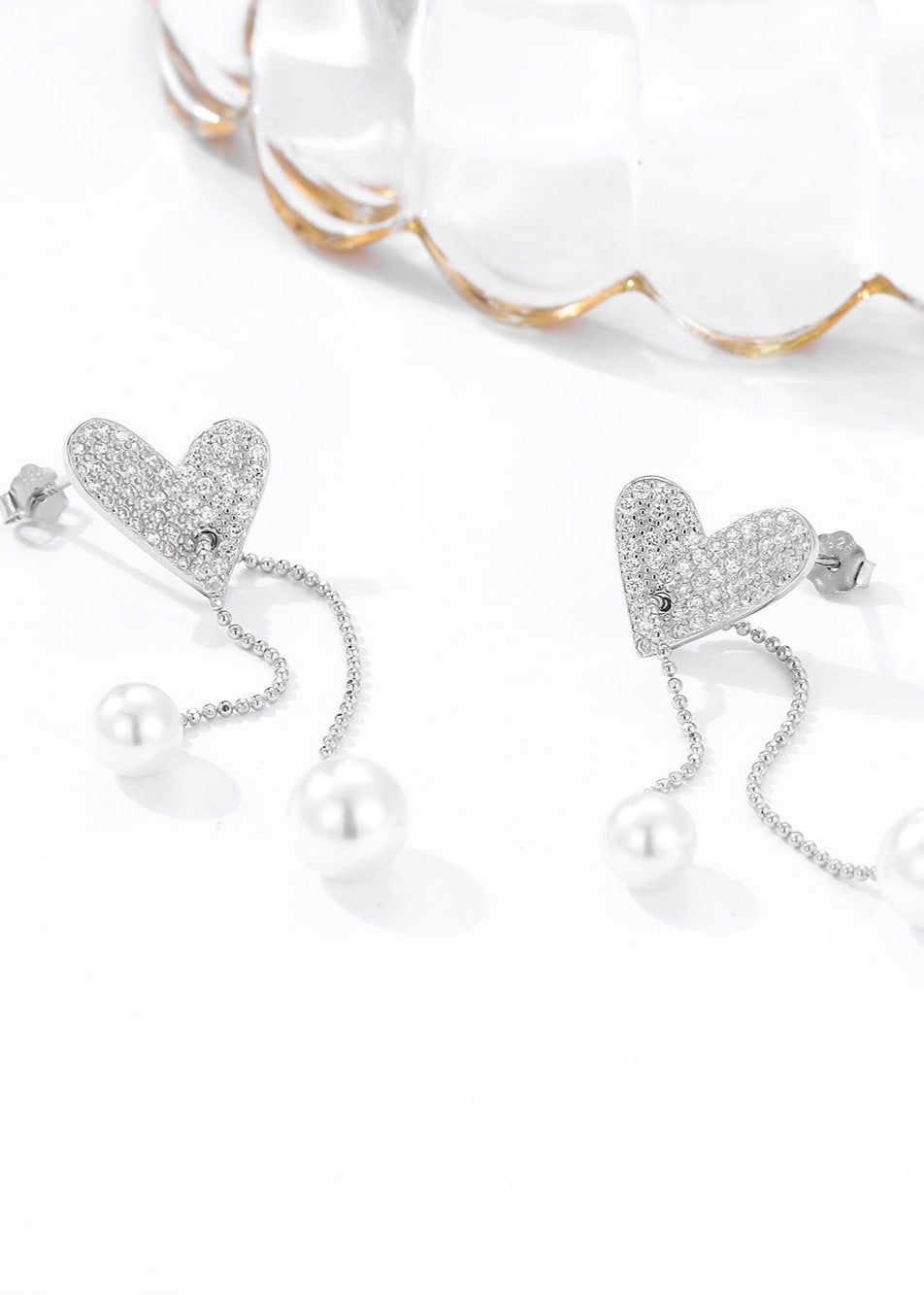 Pearl Drop Silver Heart Zircon Earrings