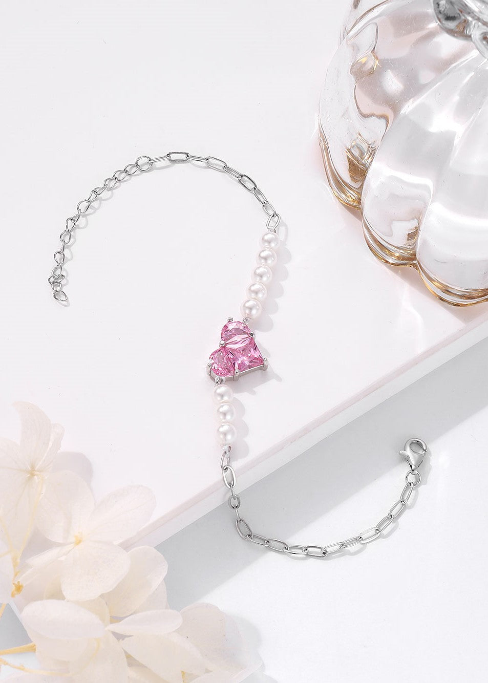 Pearl and Pink Glow Silver Heart Bracelet