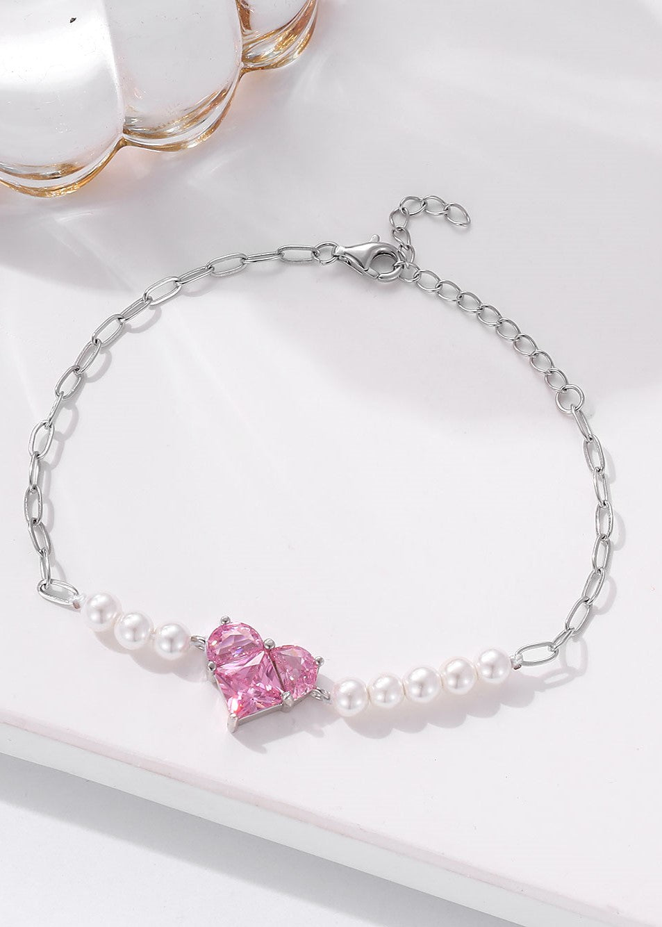 Pearl and Pink Glow Silver Heart Bracelet